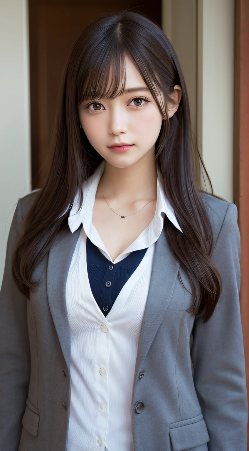 masutepiece, Best Quality, Illustration, Ultra-detailed, finely detail, hight resolution, 8K Wallpaper, Perfect dynamic composition, Beautiful detailed eyes, Natural Lip,Blazer ,School uniform, cleavage, Full body,Put your hands in your pockets