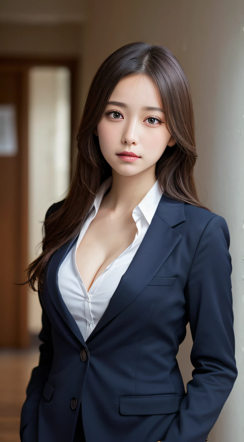 masutepiece, Best Quality, Illustration, Ultra-detailed, finely detail, hight resolution, 8K Wallpaper, Perfect dynamic composition, Beautiful detailed eyes,  Natural Lip,Blazer ,School uniform, cleavage, Full body,Put your hands in your pockets