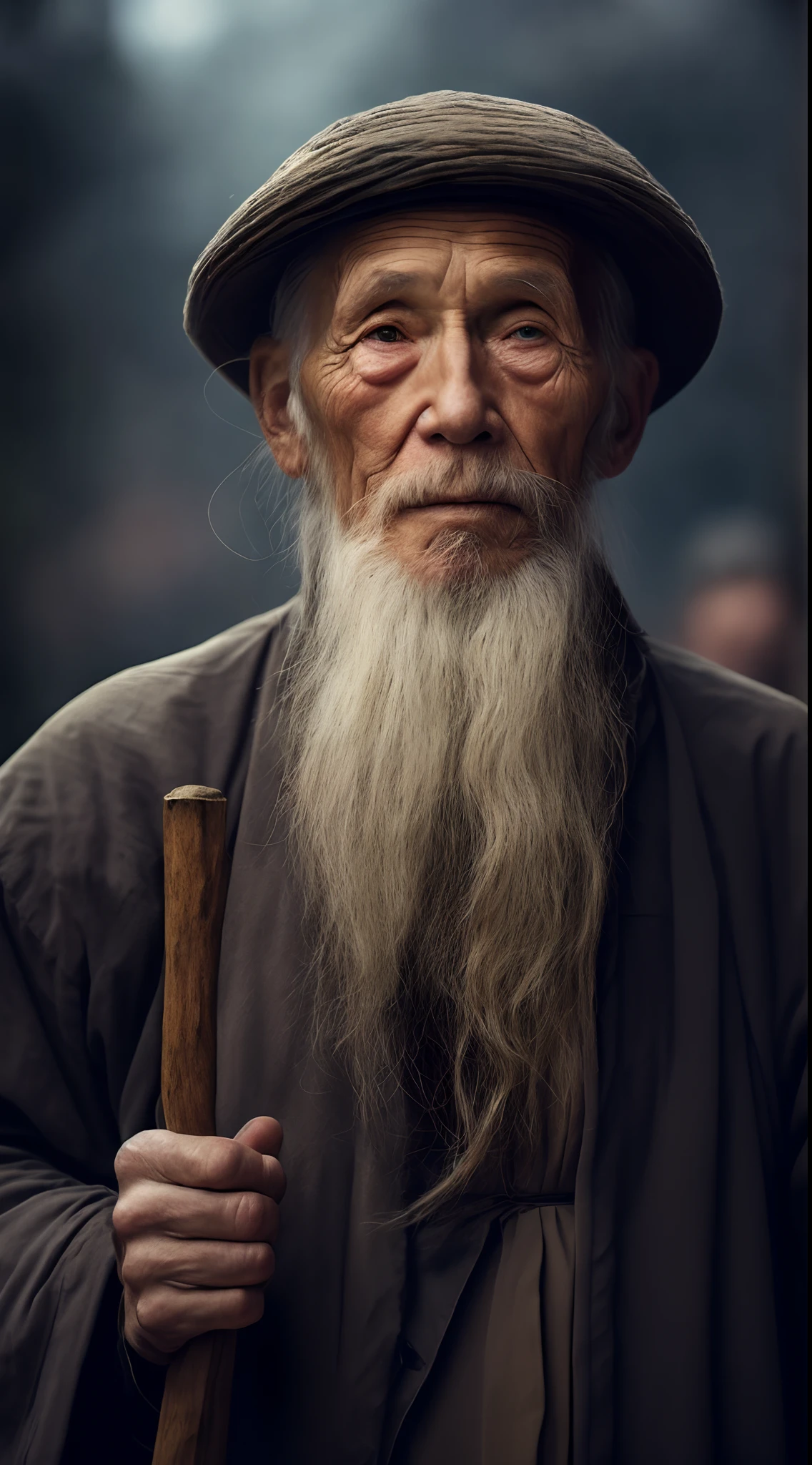 with a long beard，An Arafeld man wearing a hat with a stick, An old man, old man portrait, sharp looking portrait, peaceful expression, Wise old man, stunning portrait, Beautiful portrait, portrait photo of an old man, Old man, a old man, Serene expression, portrait of monk, of an old man, Portrait of an old man, Perfectly centered portrait