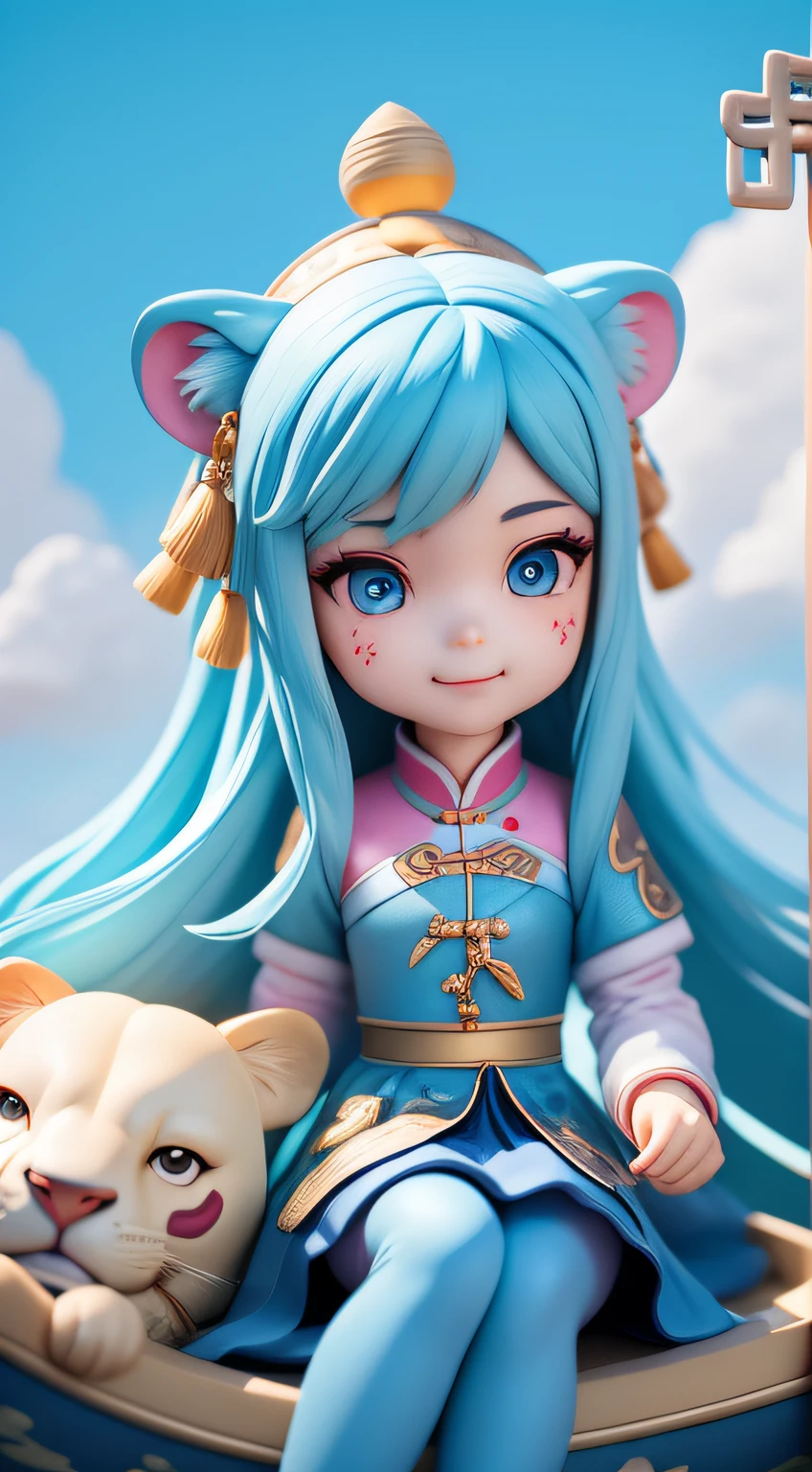 (Masterpiece),(Best quality),(Ultra-detailed), (full bodyesbian: 1.2), 1 cute girl with, Big avatar,tchibi,Cute, is shy, Light blue coiled hair,beautidful eyes, earring,Blue shirt, Pink skirt, the Lion, (Sit on a Chinese dragon boat), Laugh happily, Fly over the clouds,There are some lanterns on the shelves, (Beautiful and detailed face), (Beautiful detailed eyes),