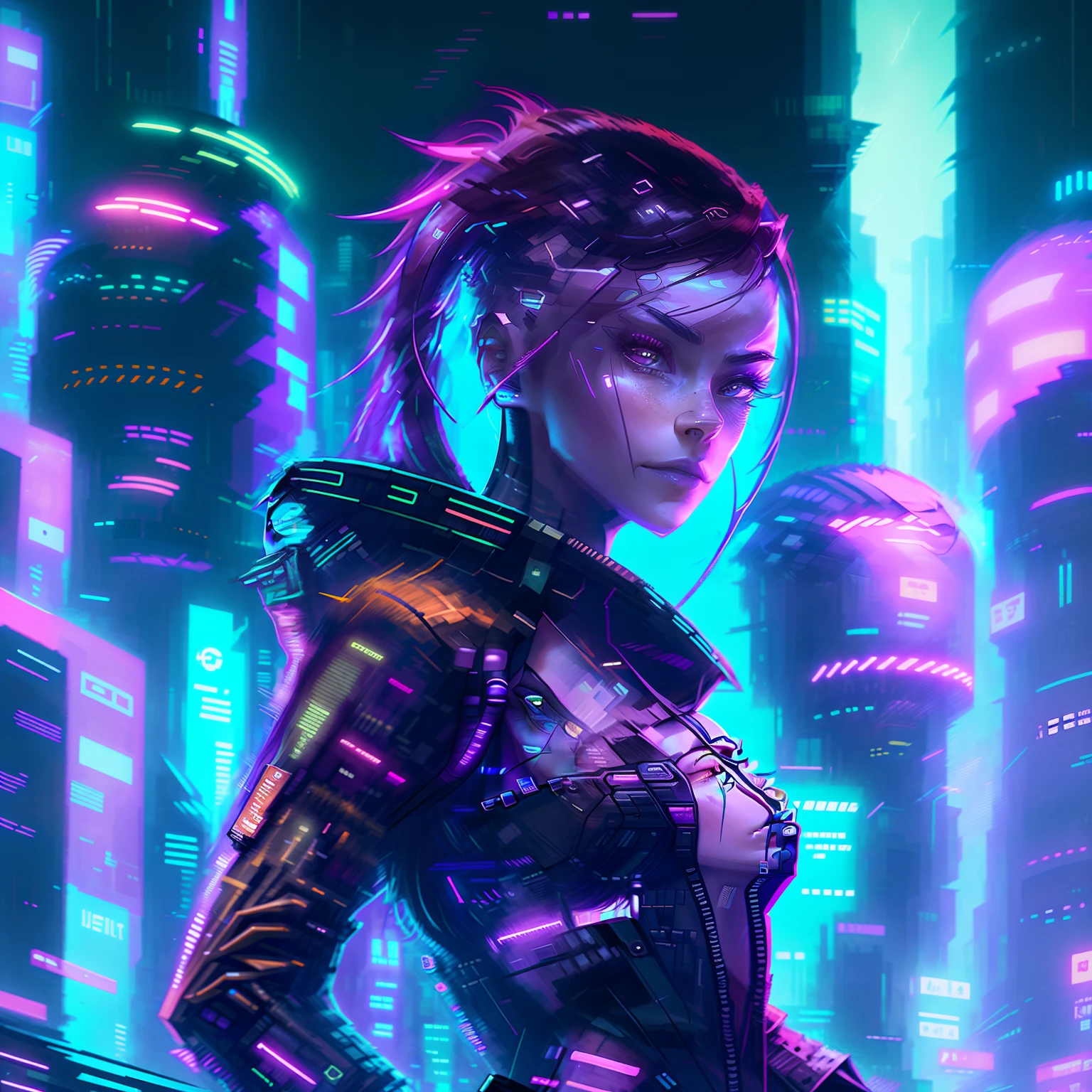 Futuristic woman in futuristic city with skyscraper at sunset, dreamy cyberpunk girl, cyberpunk beautiful girl, Cyberpunk art style, modern cyberpunk, Advanced digital cyberpunk art, the cyberpunk girl portrait, bright cyberpunk glow, cyberpunk theme art, Digital cyberpunk anime art, Cyberpunk vibe, cyberpunk atmosphere, has cyberpunk style, Cyberpunk 2 0 y. o model girl, Futuristic cyberpunk, Cyberpunk girl