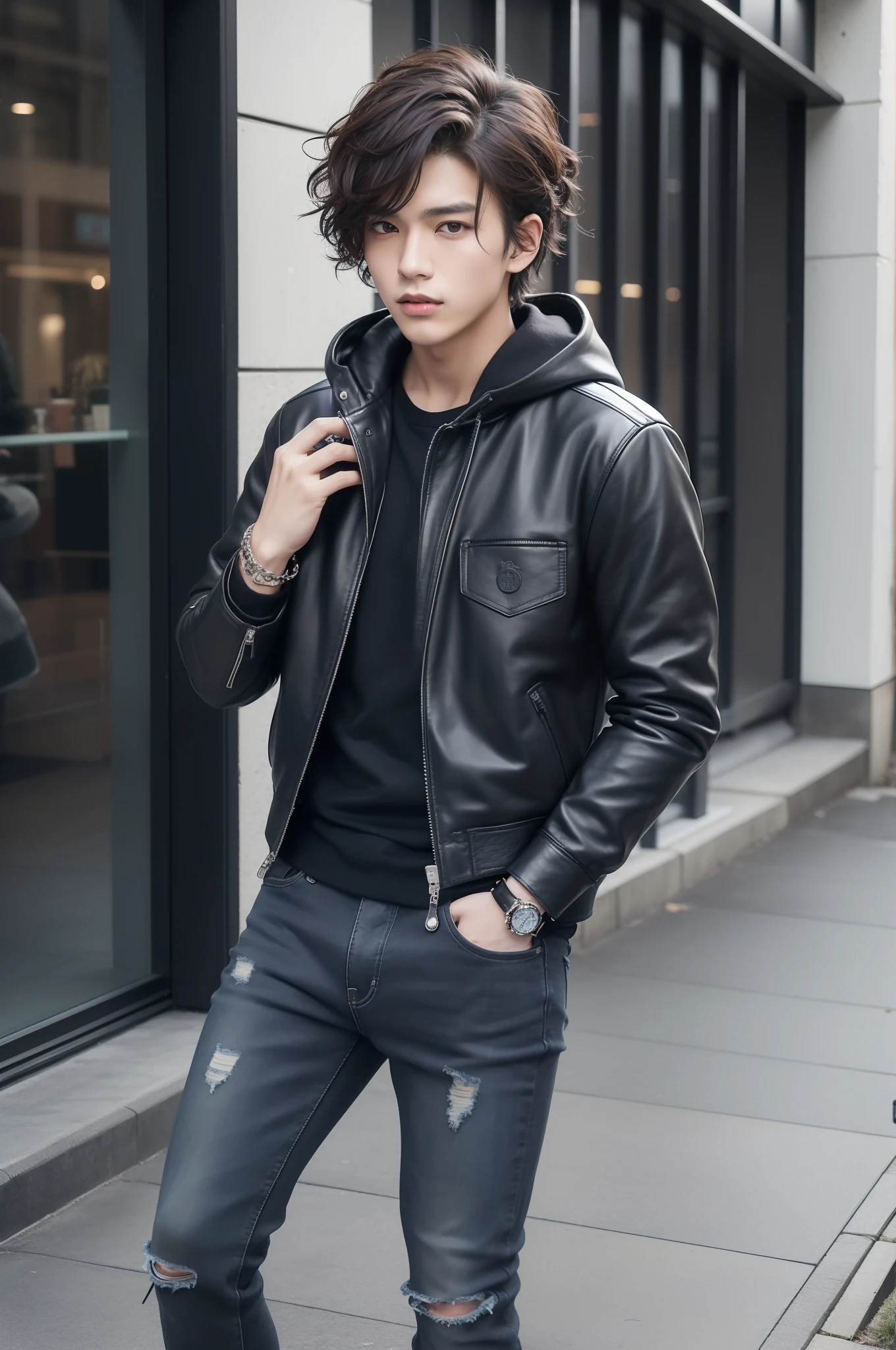 Casual style portrait of 20 year old Japan male idol、For autumn-winter。Zara Black Leather Jacket、gray hoodie、dark jeans、Dr. Martens Black Boots、Wearing a leather bracelet。The look is cool and fashionable。Hairstyles are short、Curly hair with a textured appearance、Light brown hair color。For medium hold、Reflects an energetic and stylish personality。