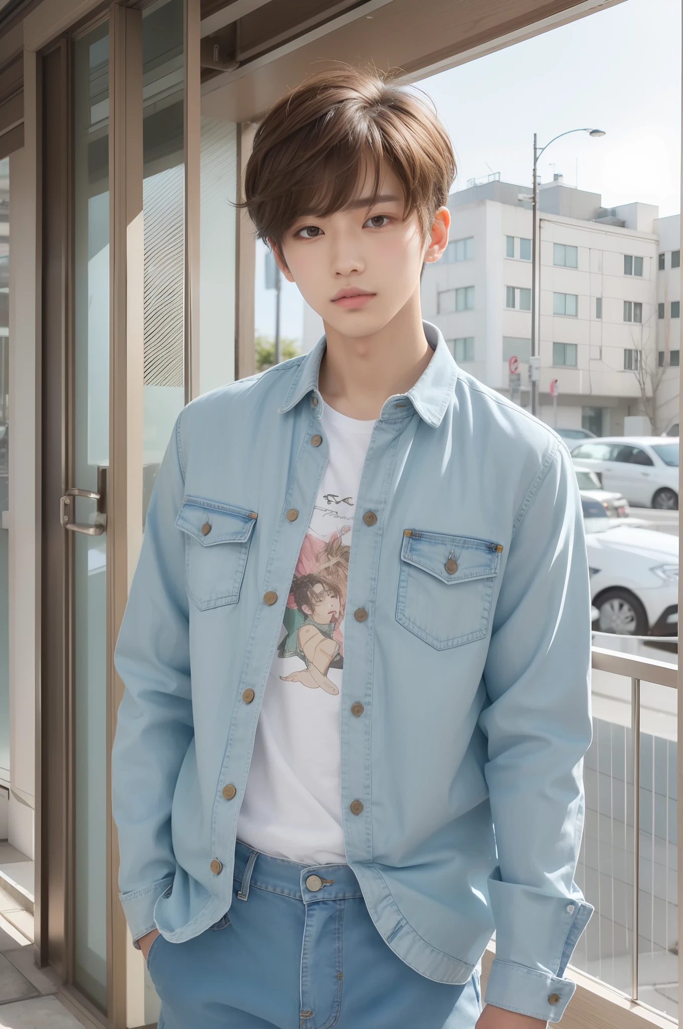 Portrait of a 20-year-old Japan male idol painted in spring business style/Summer. Wearing a light blue Uniqlo button-up shirt, Slim fit Zara pants, and white Converse sneakers. Combination with Seiko casual watches. The face is young々Reflects energy and trendiness, Fresh look. Spring Hairstyles/Summer. With the texture of curled hair、Trendy undercut with light brown highlights, Styling with Light Hold Gel. This style is、His youth々Emphasis on energetic personality. Face conveys fun, Fresh and modern look.