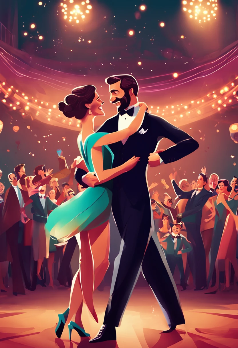 Pair of dancers, tango, joyful gentleman, elegant Pixar style Free space Audience and children, use of standby image for smartphone