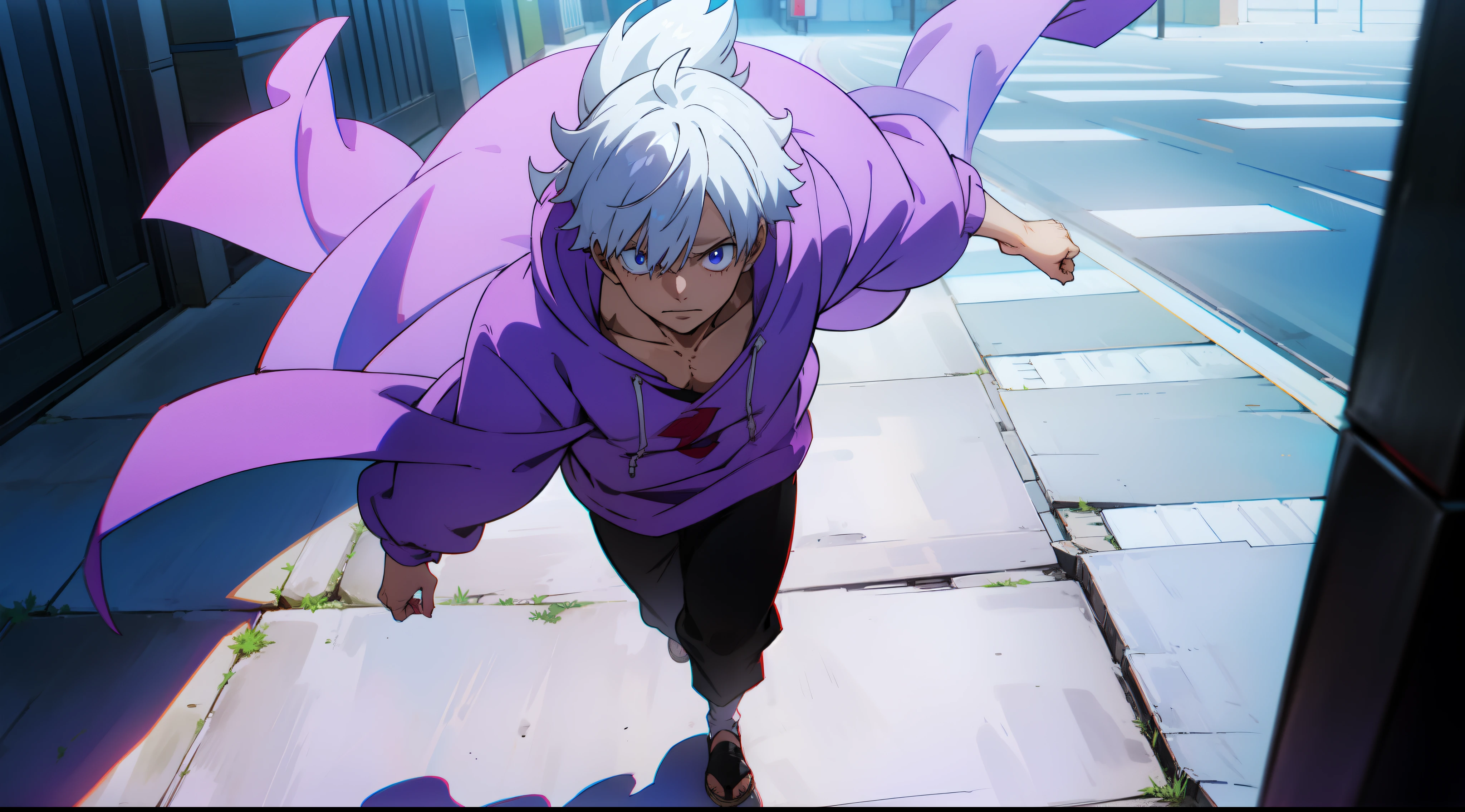 Ken Kaneki-style boy with white hair in a purple sweatshirt taking a walk down the street