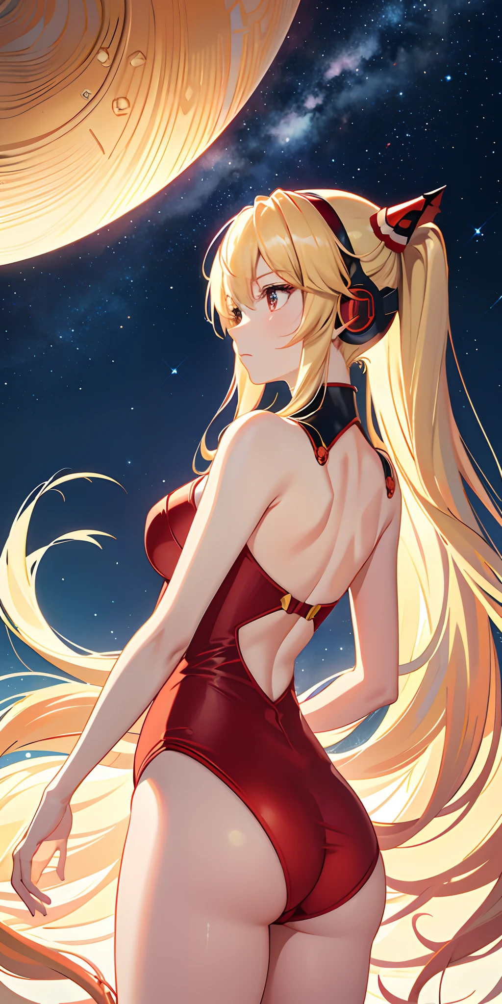 (Side view),Dynamic Angle,Ultra-detailed, illustration, Close-up, straight on, Single girl, 
 ((souryuu asuka langley, Interface headset, red leotard:1.4, Blonde)),Her eyes shone like dreamy stars,(Glowing eyes:1.233),(Beautiful and detailed eyes:1.1),(Expressionless,Closed mouth),(standing),(Night:1.2),Dreamy,perfect butt,独奏，starryskybackground