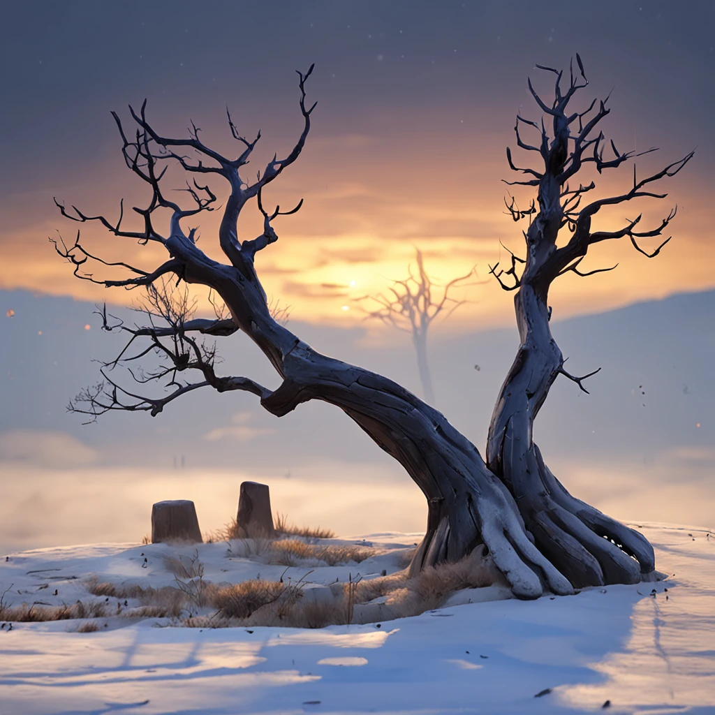 Two crows on a dead tree, A shadow shaped like a walker, Starry night, Thick fog on the ground, Blue light on the horizon, Unreal Engine 5, Cinematic, low angle photography, Motion blur, Depth of field, Dust, Cobblestones and dirt. Splash Art, dripping paint. Perfect color grading. Influenced by Karel Appel and Jeremy Mann, Full of dramatic and threatening scenes, Hyper-detailed, Beautiful, insanely details, Intricate details, editorial photography, shot with a 50mm lens, Depth of field, Tilt Blur, Shutter speed 1/1000, f/22. Lightmaps, Super bright