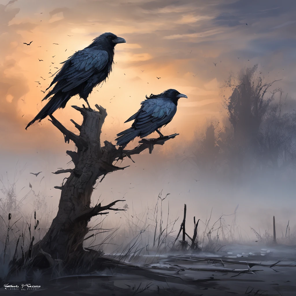 Two crows on a dead tree, A shadow shaped like a walker, Starry night, Thick fog on the ground, Blue light on the horizon, Unreal Engine 5, Cinematic, low angle photography, Motion blur, Depth of field, Dust, Cobblestones and dirt. Splash Art, dripping paint. Perfect color grading. Influenced by Karel Appel and Jeremy Mann, Full of dramatic and threatening scenes, Hyper-detailed, Beautiful, insanely details, Intricate details, editorial photography, shot with a 50mm lens, Depth of field, Tilt Blur, Shutter speed 1/1000, f/22. Lightmaps, Super bright