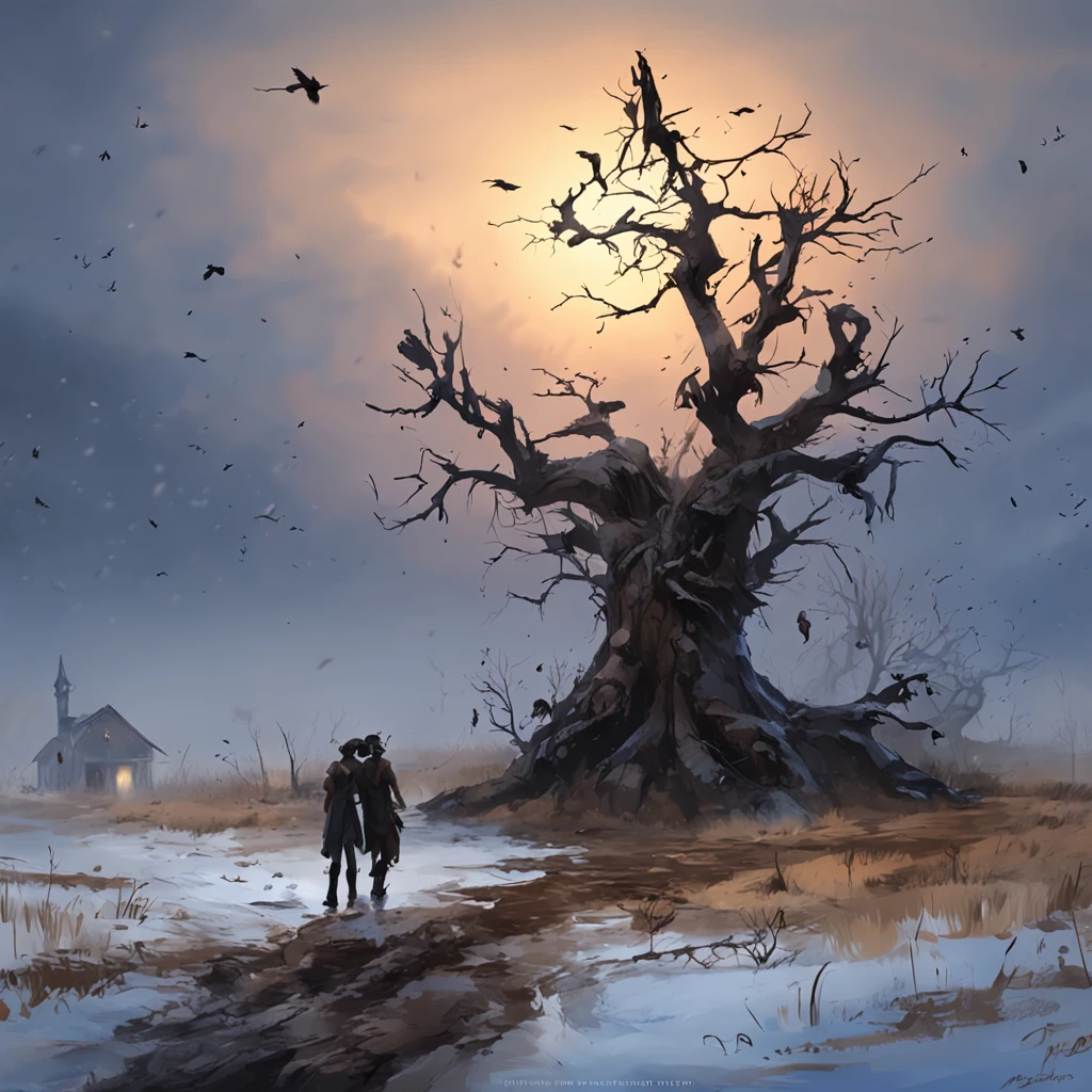 Two crows on a dead tree, A shadow shaped like a walker, Starry night, Thick fog on the ground, Blue light on the horizon, Unreal Engine 5, Cinematic, low angle photography, Motion blur, Depth of field, Dust, Cobblestones and dirt. Splash Art, dripping paint. Perfect color grading. Influenced by Karel Appel and Jeremy Mann, Full of dramatic and threatening scenes, Hyper-detailed, Beautiful, insanely details, Intricate details, editorial photography, shot with a 50mm lens, Depth of field, Tilt Blur, Shutter speed 1/1000, f/22. Lightmaps, Super bright