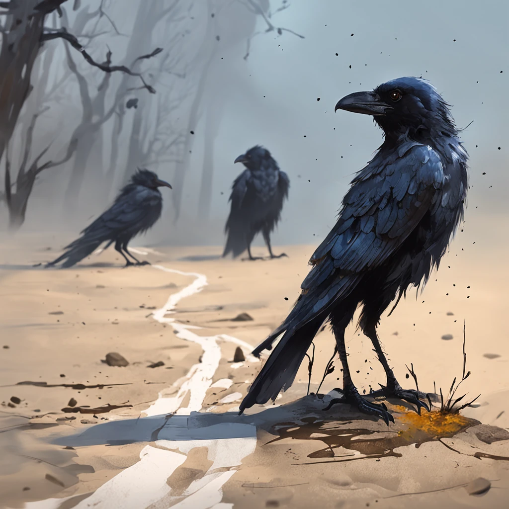 Two crows on a dead tree, A shadow shaped like a walker, Starry night, Thick fog on the ground, Blue light on the horizon, Unreal Engine 5, Cinematic, low angle photography, Motion blur, Depth of field, Dust, Cobblestones and dirt. Splash Art, dripping paint. Perfect color grading. Influenced by Karel Appel and Jeremy Mann, Full of dramatic and threatening scenes, Hyper-detailed, Beautiful, insanely details, Intricate details, editorial photography, shot with a 50mm lens, Depth of field, Tilt Blur, Shutter speed 1/1000, f/22. Lightmaps, Super bright