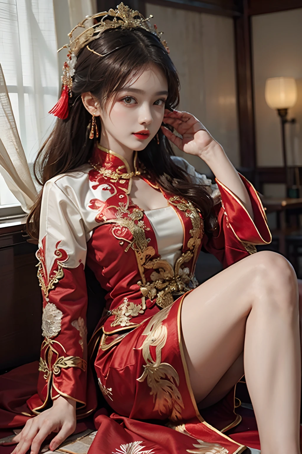 (ultra realistic 8k CG:1.2),perfect artwork,delicate pattern,intricate detail, (unparalleled masterpiece,best quality:1.2),(extremely intricate:1.2),a woman in a red and gold dress, Phoenix crown,hair stick,(sitting on red bed),Cosmetic,blush,shy,black_hair, looking down, Cosmetic,(forehead dot),(2 red candles), chinese_clothes, curtains, earrings, hair_ornament, hanfu, indoors, jewelry, red nails, long_sleeves, red dress, red lips, tassel, (Red quilt),(red palace:1.2),(ancient Chinese architecture),(red:1.8),night