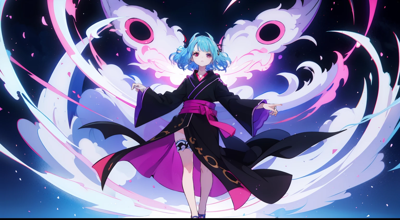 masutepiece, Fine details, 4K, 8K, 12K, Solo, 1 person, Beautiful Girl, caucasian female, 15 years old, 149 cm, Light blue hair, Short hair, Wavy Hair, Red Eyes, Black costume、black robes, Long sleeves, Wide sleeves, long hem, long hem、I can't see my knees、Black hood、Full body black、Purple effect、Dragon effect