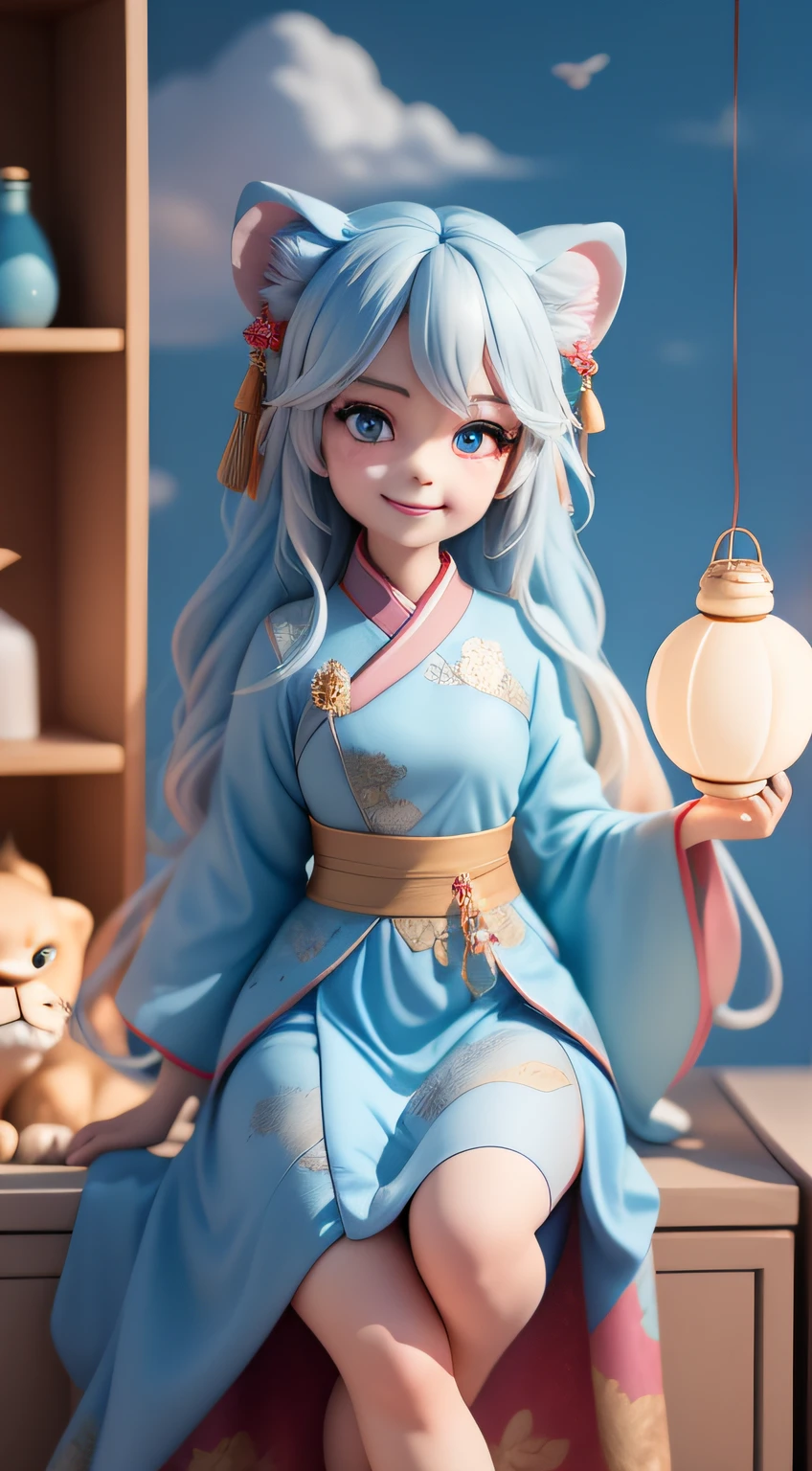(Masterpiece),(Best quality),(Ultra-detailed), (full bodyesbian: 1.2), 1 cute girl with, Big avatar,tchibi,Cute, is shy, Light blue coiled hair,(beautidful eyes), Hanfu,Blue shirt, Pink skirt, the Lion, (Sit on the back of a lion), Laugh happily, Fly over the clouds,There are some lanterns on the shelves, (Beautiful and delicate face),