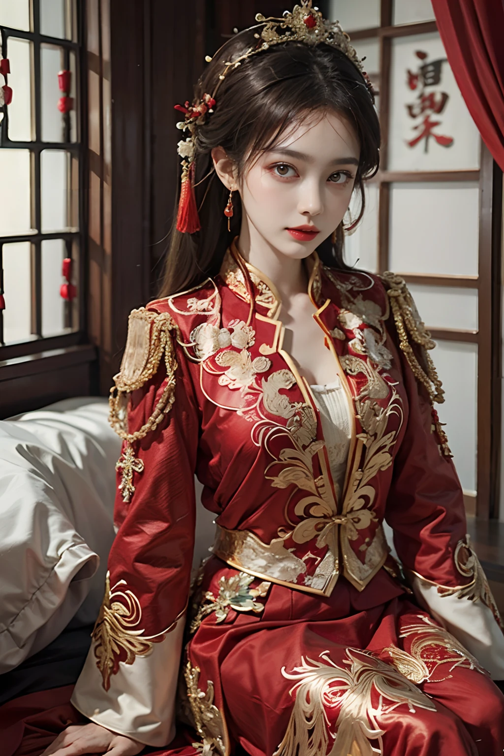 (ultra realistic 8k CG:1.2),perfect artwork,delicate pattern,intricate detail, (unparalleled masterpiece,best quality:1.2),(extremely intricate:1.2),a woman in a red and gold dress, Phoenix crown,hair stick,(sitting on red bed),Cosmetic,blush,shy,black_hair, looking down, Cosmetic,(forehead dot),(2 red candles), chinese_clothes, curtains, earrings, hair_ornament, hanfu, indoors, jewelry, red nails, long_sleeves, red dress, red lips, tassel, (Red quilt),(red palace:1.2),(ancient Chinese architecture),(red:1.8),night