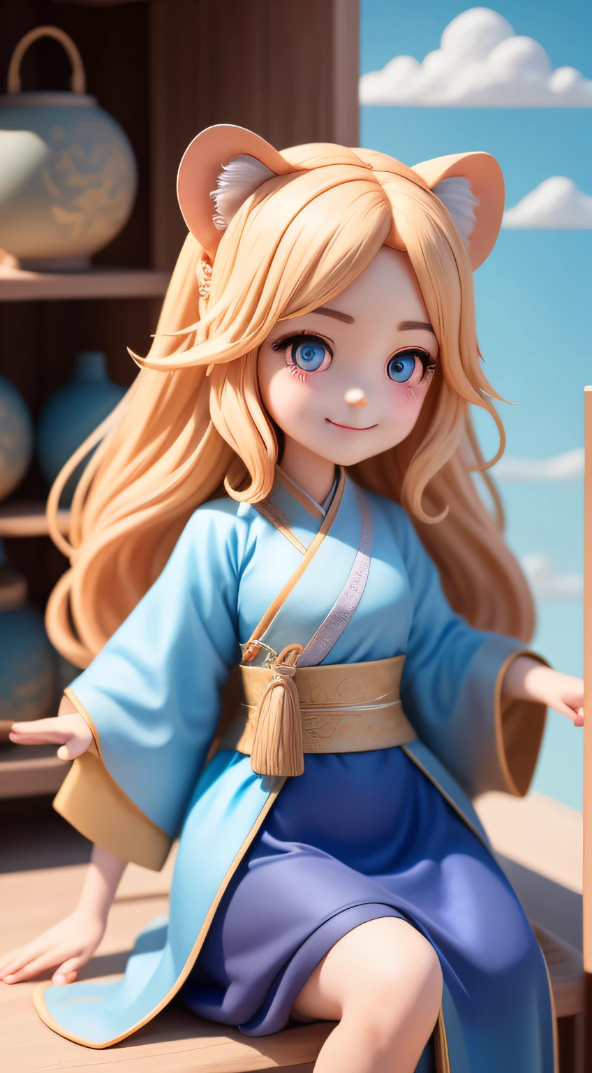 (Masterpiece),(Best quality),(Ultra-detailed), (full bodyesbian: 1.2), 1 cute girl with, Big avatar,tchibi,Cute, is shy, Light blue coiled hair,(beautidful eyes), Hanfu,Blue shirt, Pink skirt, the Lion, (Sit on the back of a lion), Laugh happily, Fly over the clouds,There are some lanterns on the shelves, (Beautiful and delicate face),