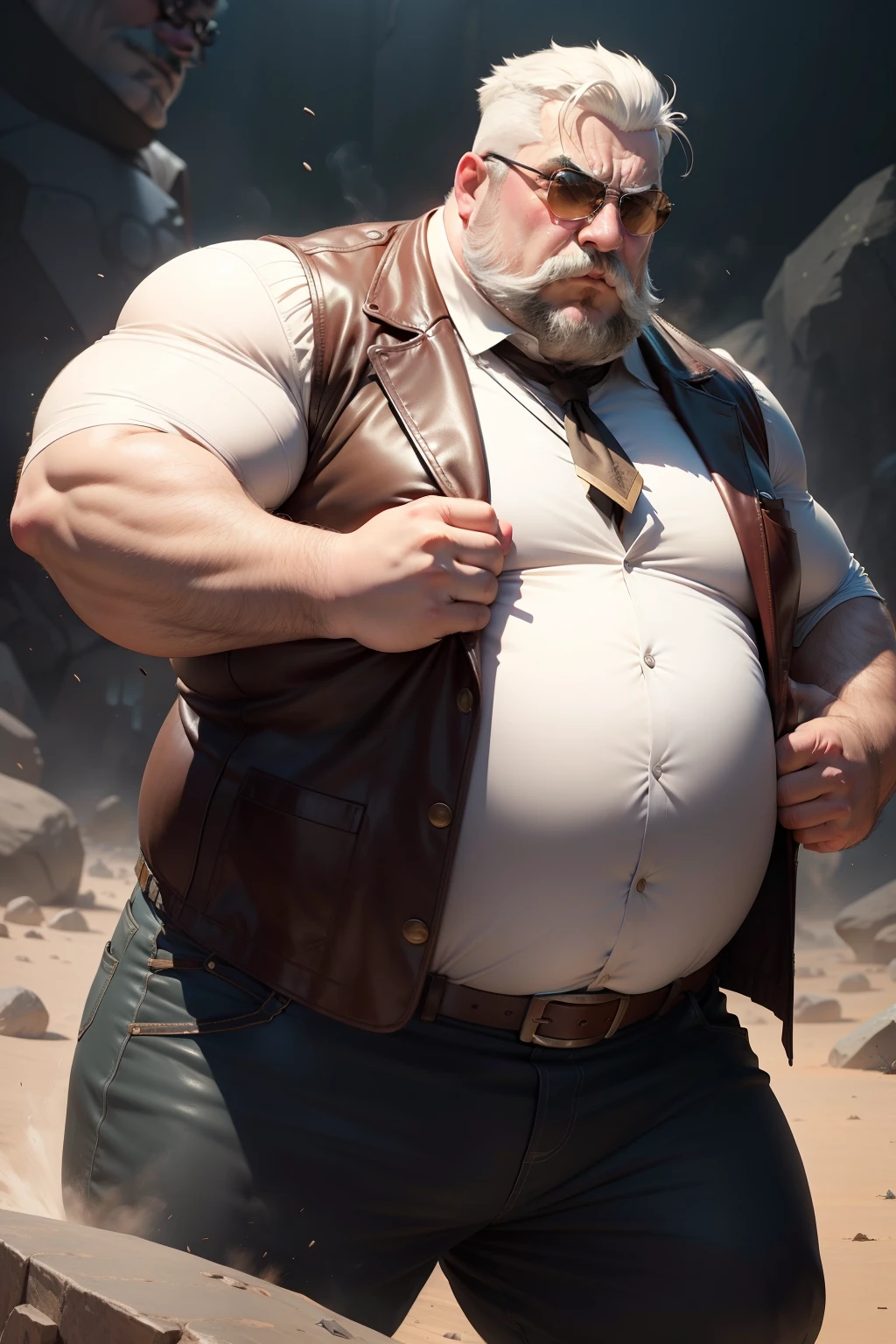 A fat big man crushes a rock with a punch,Rock,ember,Uncle,Fat,I have a big stomach,Regent,white hair,mustache.One of them wears broken glasses,Western Style Leather Chaps,wearing leather jacket,Wearing a white shirt,Sweating