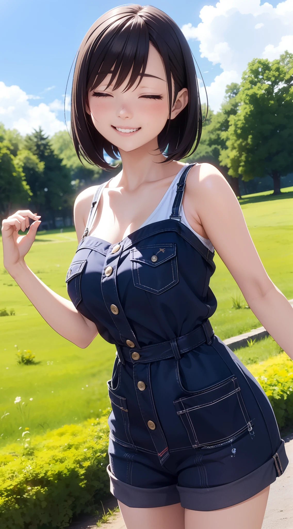 1人の女性、3d anime、Best Shots、Gamera's point of view、kawaii、18year old、Bob Hair、Country life、Summer sky、Rural atmosphere、Random Poses、Random attire、A big smile with closed eyes、White teeth、burst into laughter