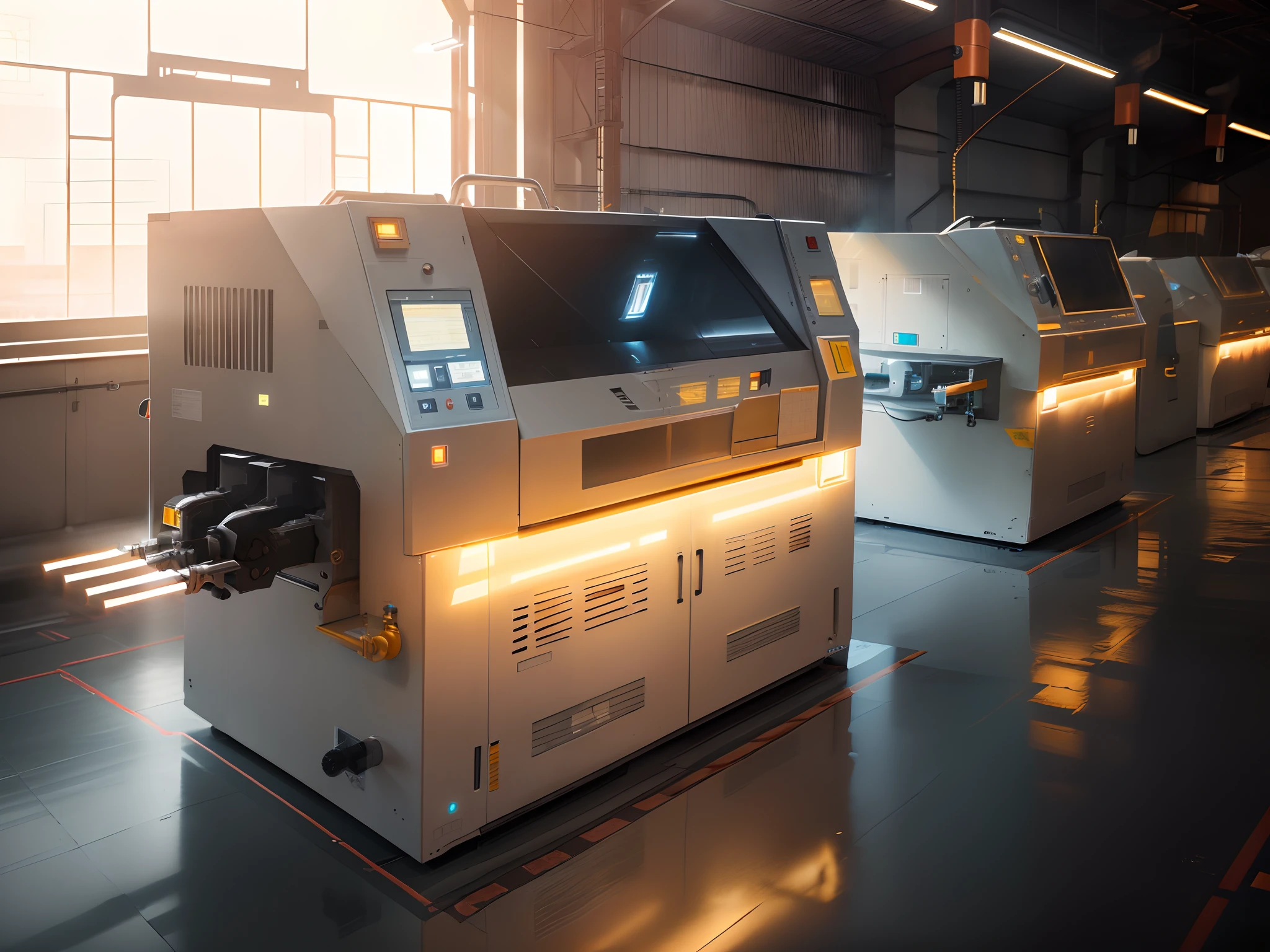 Technology Factory of the Future,Wave soldering furnace,The light illuminates the silhouette,Clean and tidy space,Dark floors