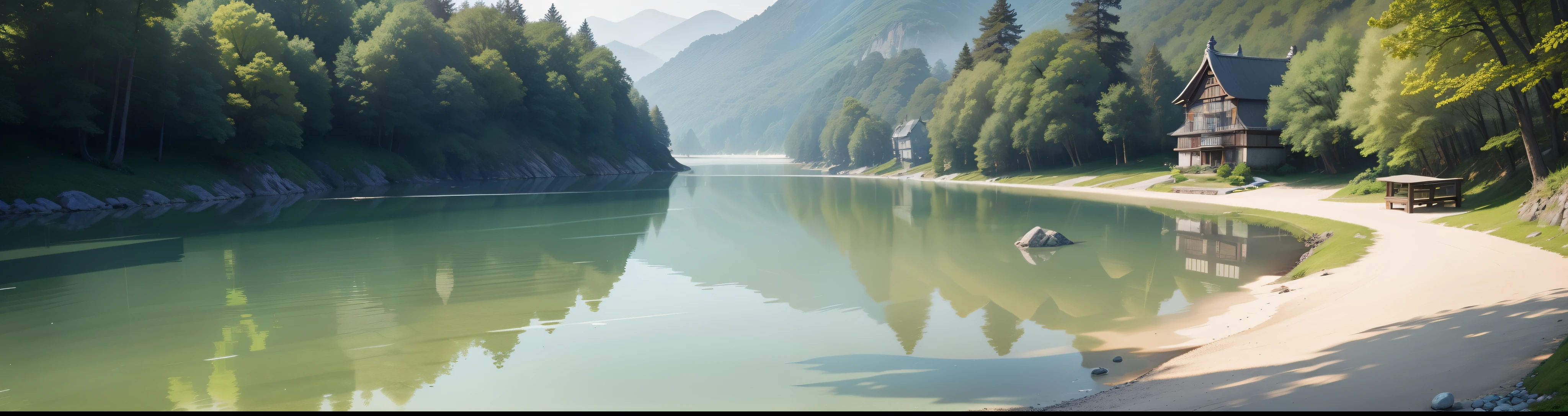 The lake is crystal clear,rich greenery,Antique cottage by the lake,Pebbles can be seen everywhere,White fog pervades,The pebbled voids leave the clear river water。