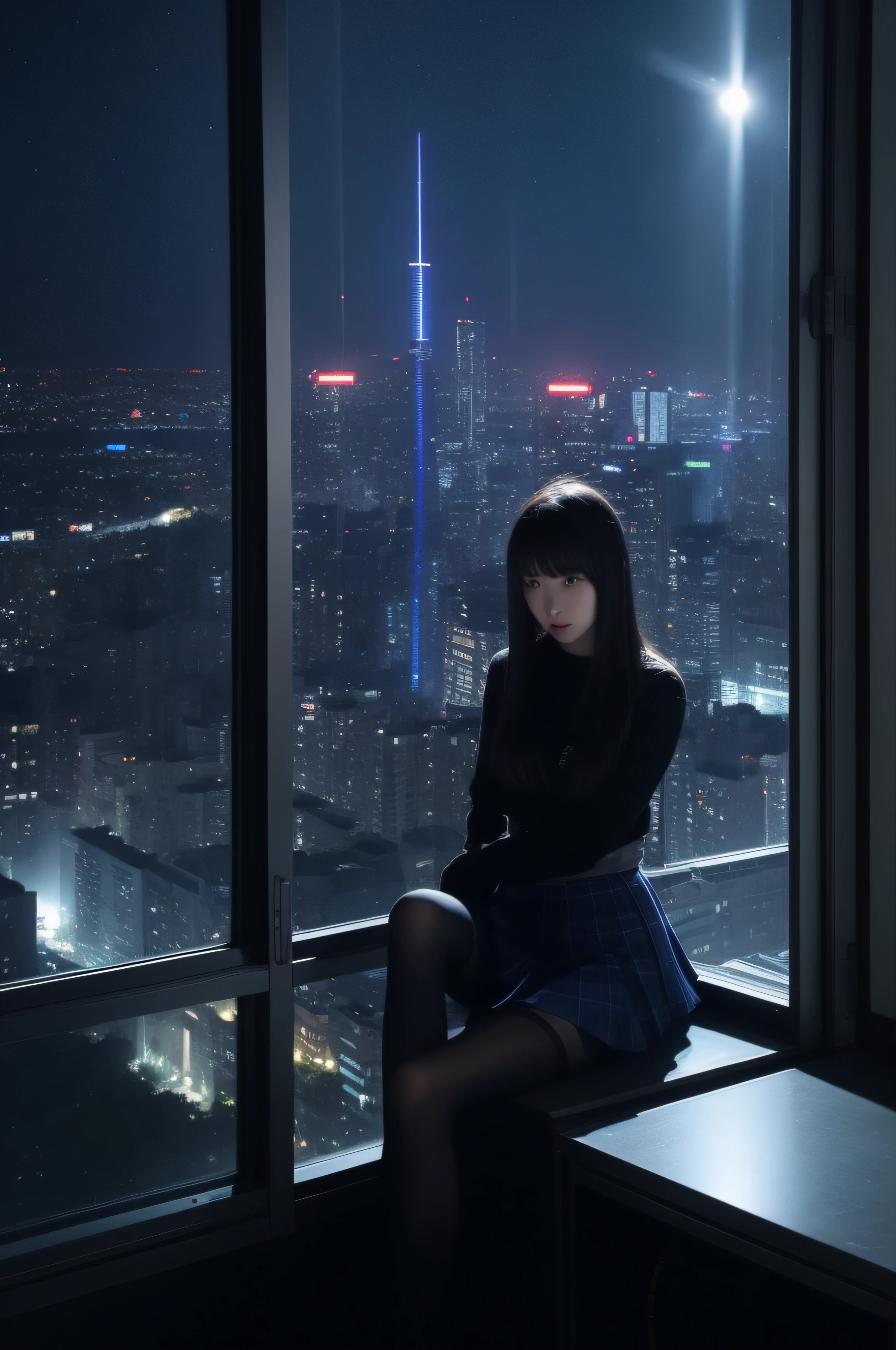 tmasterpiece、Need、Highest high resolution、Japanese high school student、Japanese high school girl、Dark blue top、a black pleated skirt、The slender legs are wearing dark black pantyhose、No shoes、ccurateblack hair、Long straight hair, blue colors+Black colored eyes、Sit by the large floor-to-ceiling windows、Outside the window is a sight that can only be seen from the upper floors:Illuminated streets、Brilliant neon lights、Dark night sky and starry sky。