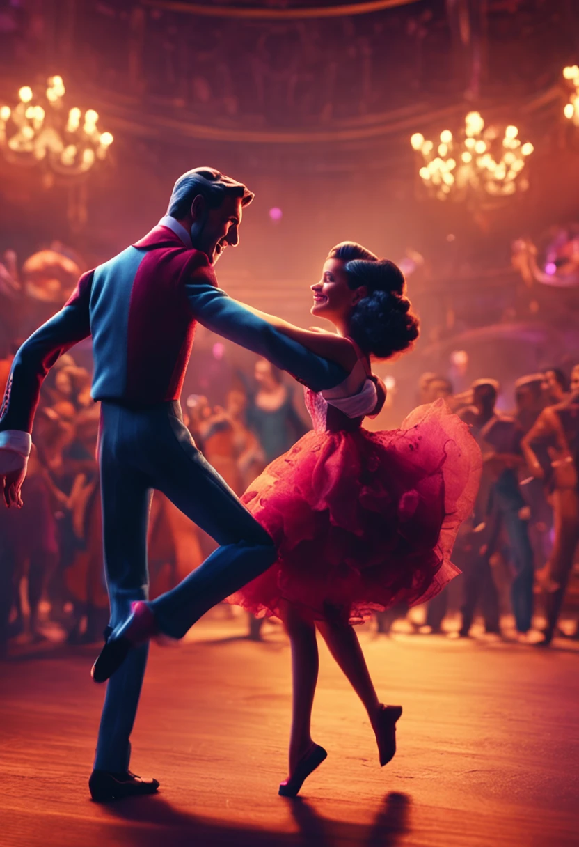 Pair of dancers, tango, Fun gentlemen, Elegant Pixar style freespace audience with children,