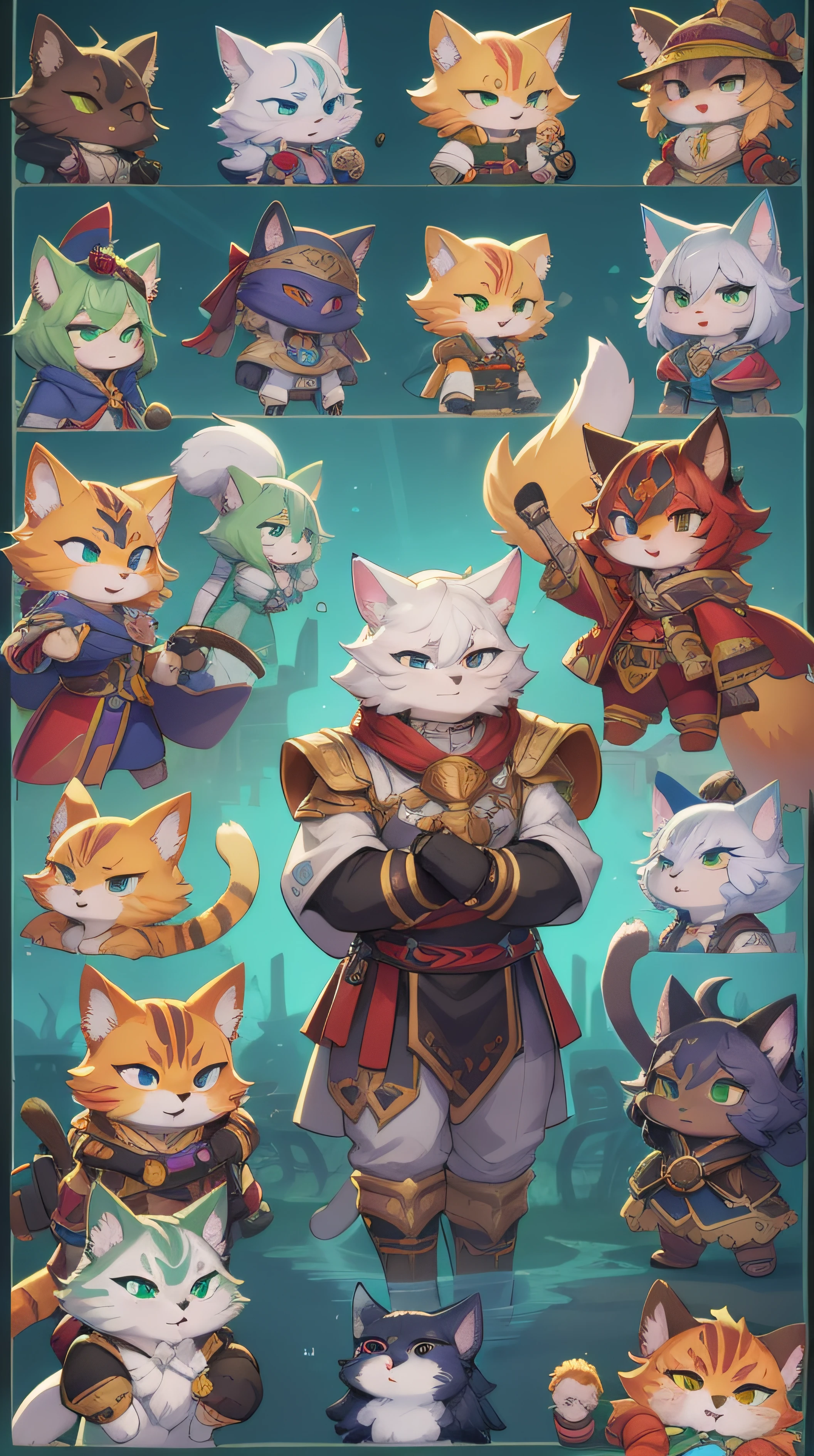 Group of cats and cats in colorful background game, epic battle screen of hero, SFW version, character selection screen, world boss kitten, mobile game style, character select portrait, fighting game, mobile game, entire character!, 8 k character details, clash royal style characters, game footage, game asset of fighters, Genshin impact's character, hero character，Each should be separated to leave gaps