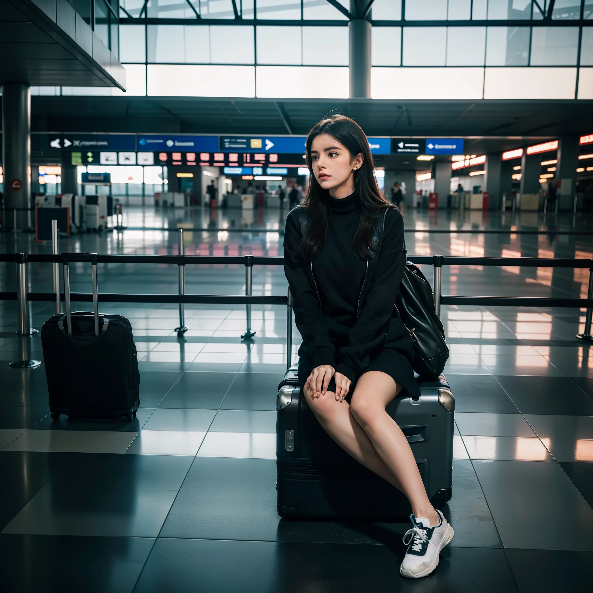 Woman sitting on the ground in an airport with her legs crossed, beautiful lonely girl, sitting on ground, sitting on the floor, aeroporto, inspirado em Elsa Bleda, a lonely woman, ocupado, but lonely, olhar triste, woman is sitting, cinematic outfit photo, Jovana Rikalo, O melhor no Adobe Stock, preto. Aeroportos