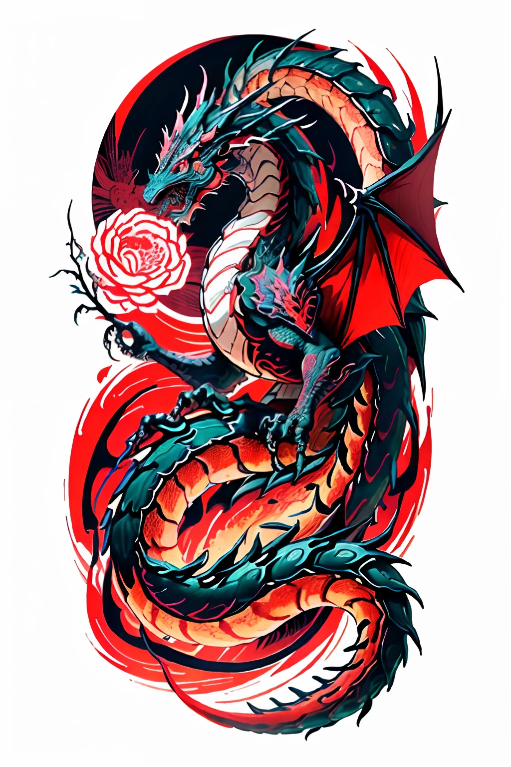 A dragon with dragon head and flowers on white background, Majestic dragons, colored illustration for tattoo, Red Dragon, Japanese art style, Oriental tattoos, inspired by Utagawa Yoshitaki, inspired by Utagawa Hirokage, down left arm and back, inspired by Utagawa Yoshitsuya, chinesedragon, tattoo design,