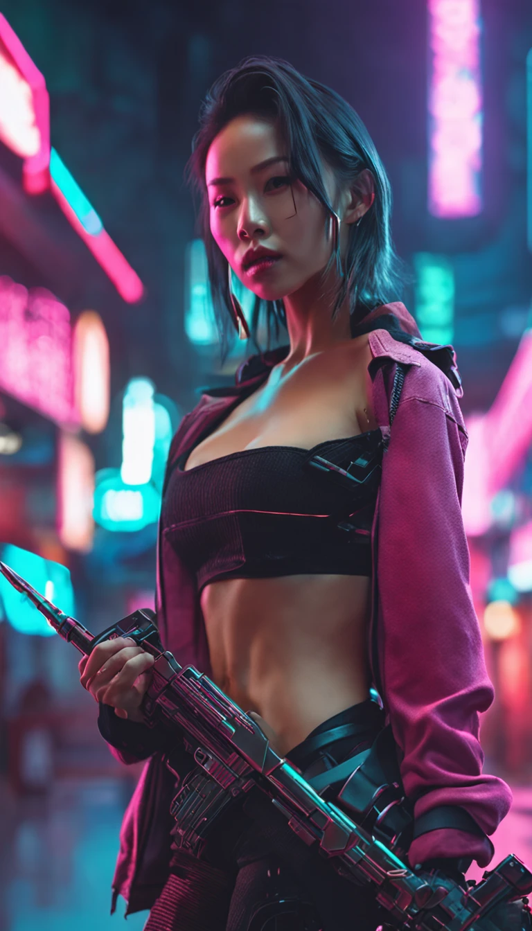 Realistic photo of a Man in the middle of cyberpunk city Street:1.5, Shadow play, mist, moody, glossy short ash gray hair, orange tech jacket, red iris eyes, vivid, red, cream, brown, green, neon light, purple neon, blue neon, red neon,, Film light, Hyper detailed, Hyper realistic, masterpiece, atmospheric, High resolution, Vibrant, High contrast, dark angle, art by Koos Roos, 8k, HDR, 500px