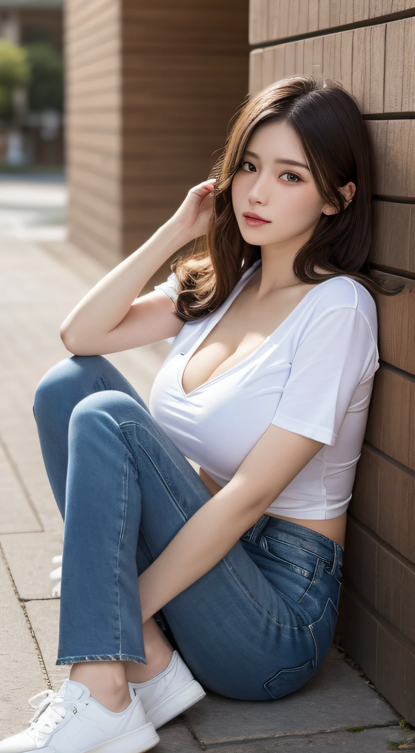 masutepiece, Best Quality, Illustration, Ultra-detailed, finely detail, hight resolution, 8K Wallpaper, Perfect dynamic composition, Beautiful detailed eyes, Natural Lip, white t-shirts , Short denim pants , Big breasts, cleavage, Full body, navel-baring, Cross legs