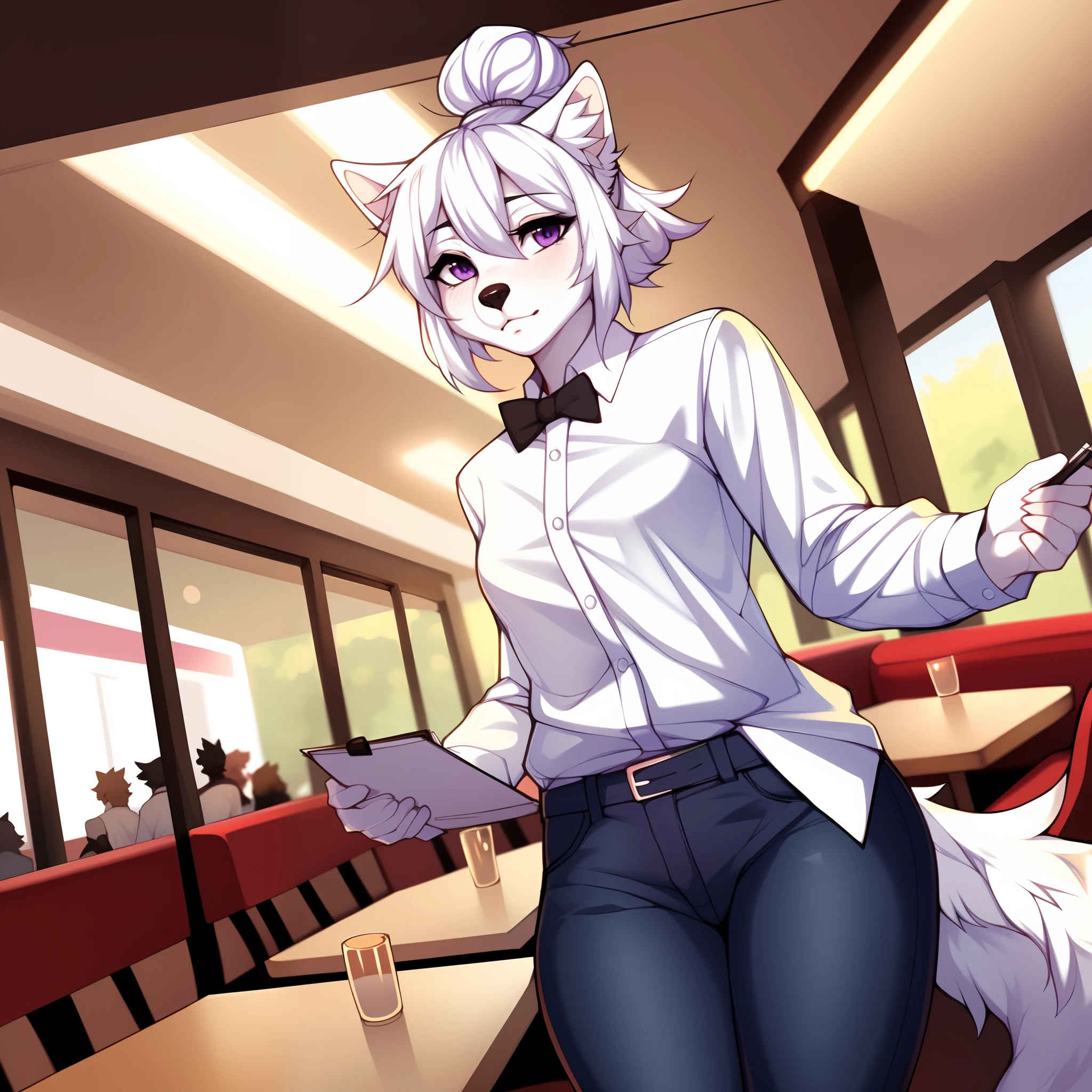 Solo, a female white wolve, long white hair in a bun, (hair in bun):1.1 purple eyes, black noses, cute snout, white wolf tail, white fluffy ears, wearing white button up shirt, bow tie, black skinny jeans, walking in a crowded restaurant, focused expression, raised eyebrows, holding a notepad, elegant restaurant environment, by hyattlen, by claweddrip, by fumiko, high quality, low angle shot, looking_away:1.1