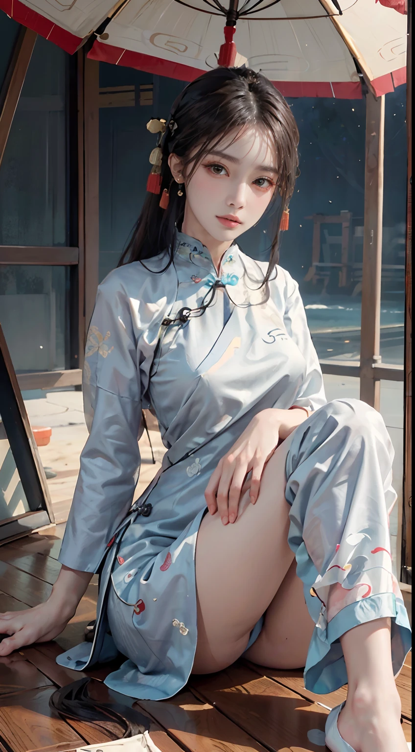 randome pose, (An extremely delicate and beautiful work), (Masterpiece), 1girll, (qipao dress:1.7), (Legs are exposed:1.7), (Show feet:1.7) ,Cute,   Narrow waist, Very thin legs, Highly detailed, waist leaking, Ponytail Contortion, Enchanted expression, beautiful and clear eyes, green eye pupil, Delicate necklace, Delicate earrings, Simple blurred background, Extreme detail description, Beautiful, Charming, Ultra-fine painting, Delicate face, Delicate figure, Fine collarbones, lovely lips, Beautiful breasts, soft behind,spread their legs，(8K, RAW photo, Best quality, Masterpiece:1.2), (Realistic, photo-realistic:1.37),1girll,Cute,beach, Night, rain, Wet, Professional lighting, photon maping, Radio City, Physically-based rendering,