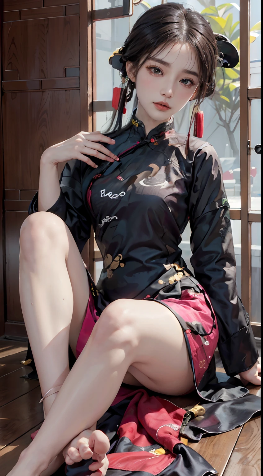 randome pose, (An extremely delicate and beautiful work), (Masterpiece), 1girll, (qipao dress:1.7), (Legs are exposed:1.7), (Show feet:1.7) ,Cute, Narrow waist, Very thin legs, Highly detailed, waist leaking, Ponytail Contortion, Enchanted expression, beautiful and clear eyes, green eye pupil, Delicate necklace, Delicate earrings, Simple blurred background, Extreme detail description, Beautiful, Charming, Ultra-fine painting, Delicate face, Delicate figure, Fine collarbones, lovely lips, Beautiful breasts, soft behind,spread their legs,(8K, RAW photo, Best quality, Masterpiece:1.2), (Realistic, photo-realistic:1.37),1girll,Cute,beach, Night, rain, Wet, Professional lighting, photon maping, Radio City, Physically-based rendering,