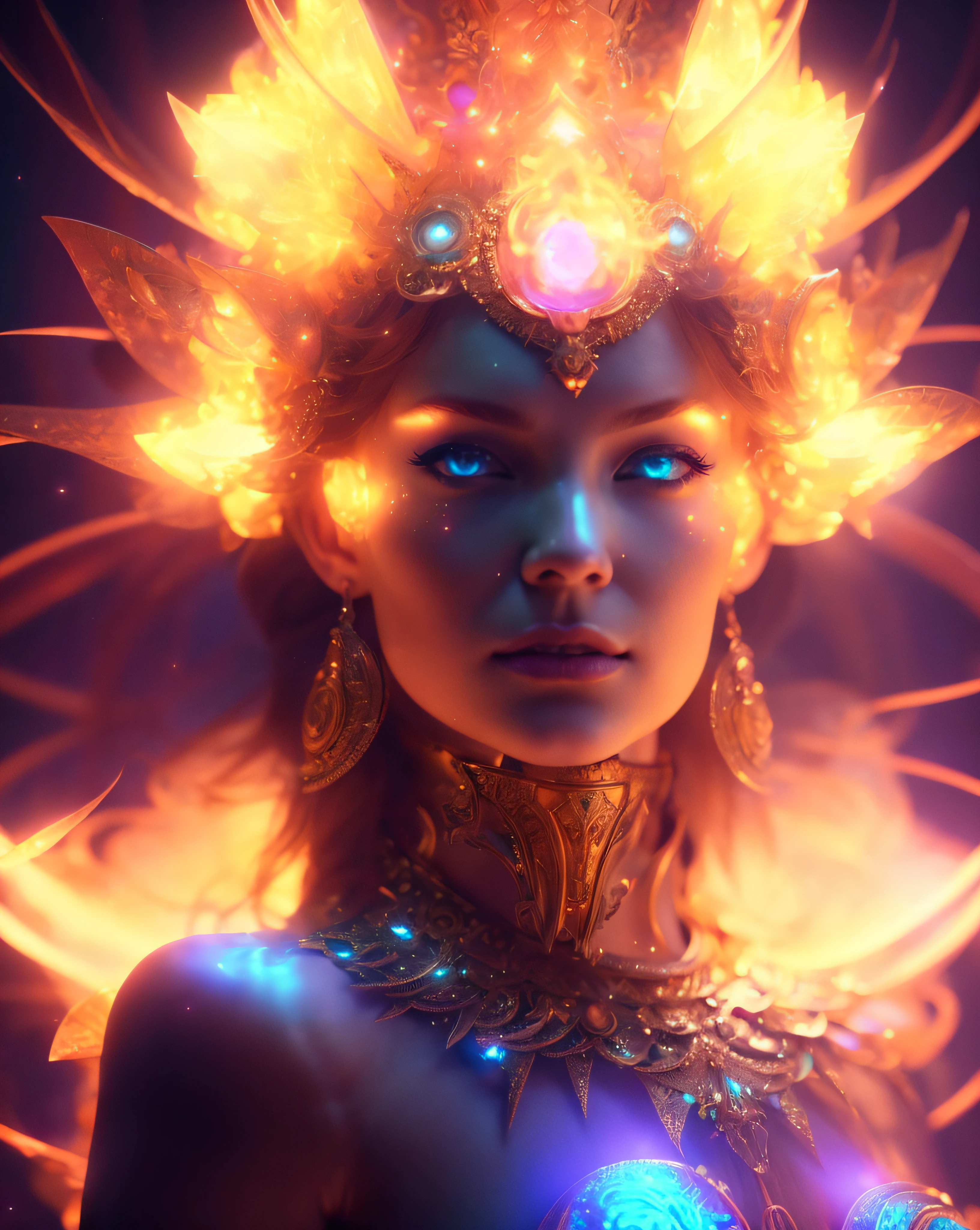 Algorithmically enhanced random close-up view of a sublime female Goddess covered in powerful Ultra Arcane magic sigils wearing an intricate living lightning fractal crown and lavishly adorned attire reflecting tactical sun-motes and diamond moon shards, quasi-cosmic vortex sub-model, bright nebulae in the background, 7th-Sphere characterized, golden ratio-ed, inner bio-illuminated geometry, starkest contrast,flagrantly fibonacci formulated, dynamic bi-lateral asymmetry, super-critically unique, quantum feedback algorithm frenzy, hyper-realistic, post singularity AI imperative, ironically staggered data set, active 3D shading, lighting and focus, random 3D particle effects, rule of thirds, Unreal Engine 10, art station, Maximum Level of detail, concept art, art nouveau, 8k, Iridescent Primalight, Hawking radiation collector with lucidity crystallizer and grade A temporal accumulator, spontaneous Kozyrev Mirror refraction, cosmic ray visionary, innate Jail Break Protocol