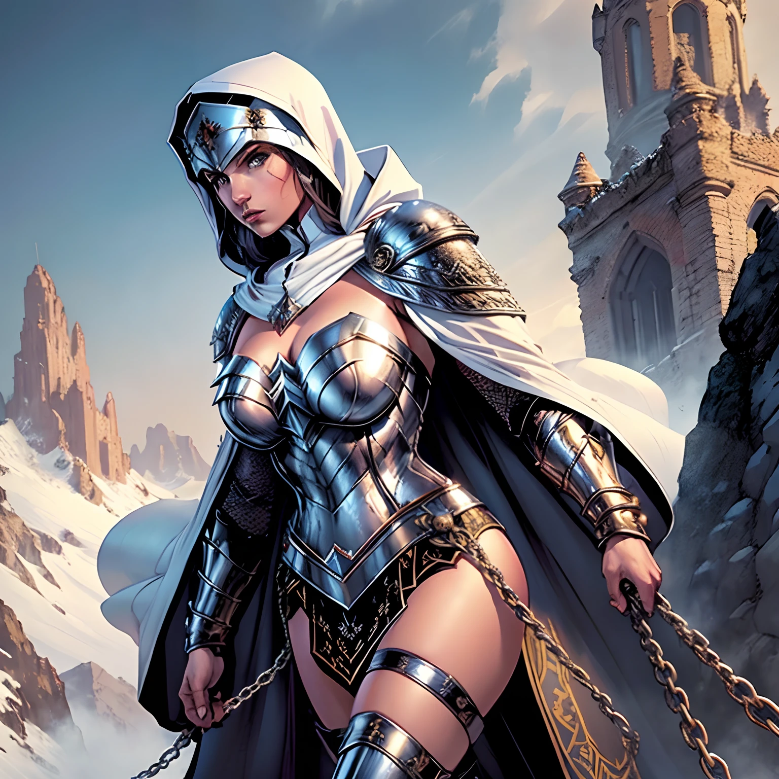 (masterpiece, top quality, best quality, official art, beautiful and aesthetic:1.2), (1girl:1.3), light freckles, fair skin, extremely detailed, portrait, looking at viewer, solo, (full body:0.6), detailed background, close up, (warm grasslands theme:1.1), holy paladin knight, charlatan, smirk, mysterious, swaying in mountains, modest attire, ornate white and gold armor, cowl, nun hood, wimple, cowl, robe, chain mail, chainmail, leggings, chainmail leggings, chain mail leggings, breastplate, tabard, gorget, hood, pauldrons, greaves, armored, long boots, longsword, shield, cape, cloak, white fabric, pale leather, gigantic breasts, slim waist, slim hips, long legs, medieval (mountain exterior:1.1) background, dark mysterious lighting, shadows, magical atmosphere, dutch angle, (((Balsamique)))