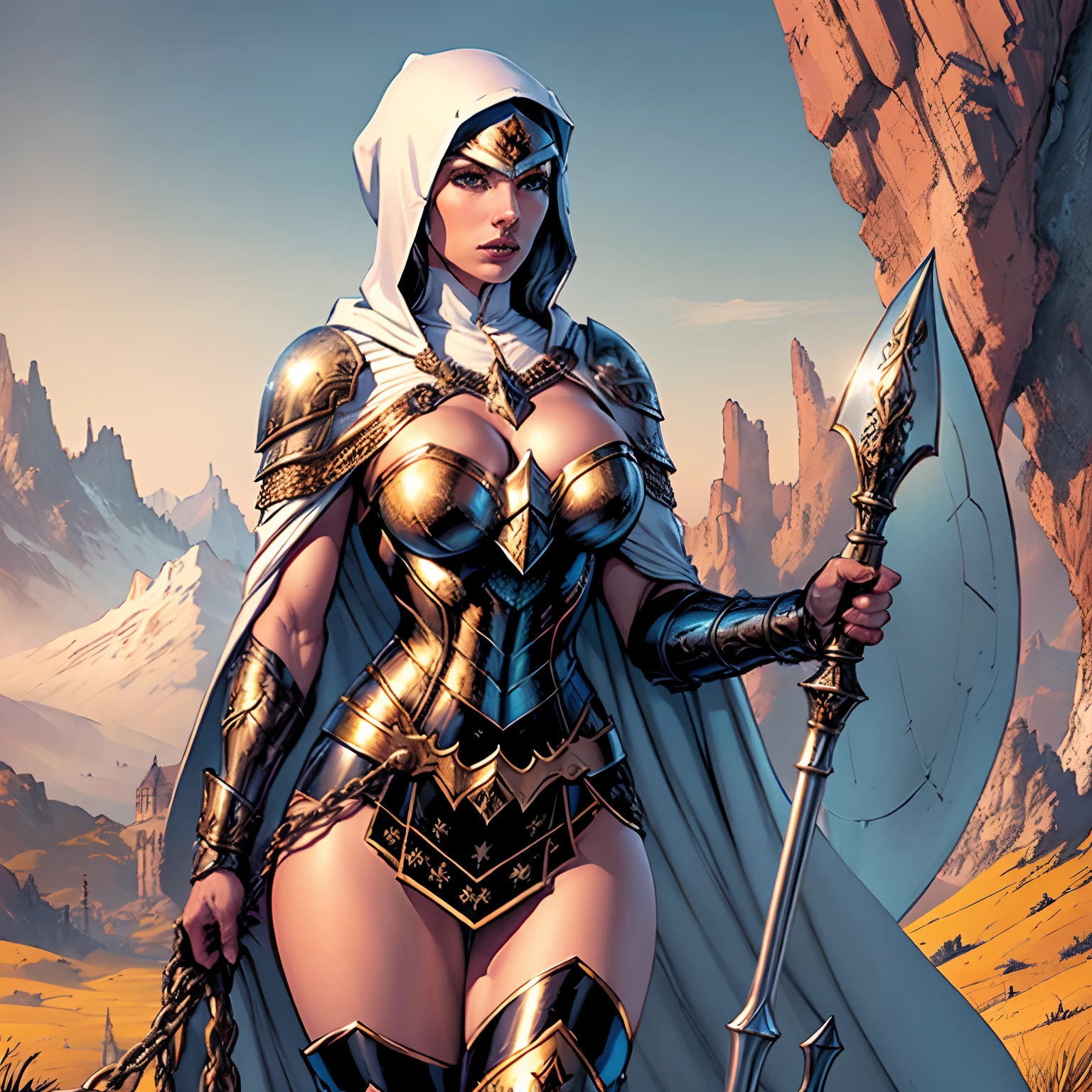 (masterpiece, top quality, best quality, official art, beautiful and aesthetic:1.2), (1girl:1.3), light freckles, fair skin, extremely detailed, portrait, looking at viewer, solo, (full body:0.6), detailed background, close up, (warm grasslands theme:1.1), holy paladin knight, charlatan, smirk, mysterious, swaying in mountains, modest attire, ornate white and gold armor, cowl, nun hood, wimple, cowl, robe, chain mail, chainmail, leggings, chainmail leggings, chain mail leggings, breastplate, tabard, gorget, hood, pauldrons, greaves, armored, long boots, longsword, shield, cape, cloak, white fabric, pale leather, gigantic breasts, slim waist, slim hips, long legs, medieval (mountain exterior:1.1) background, dark mysterious lighting, shadows, magical atmosphere, dutch angle, (((Balsamique)))