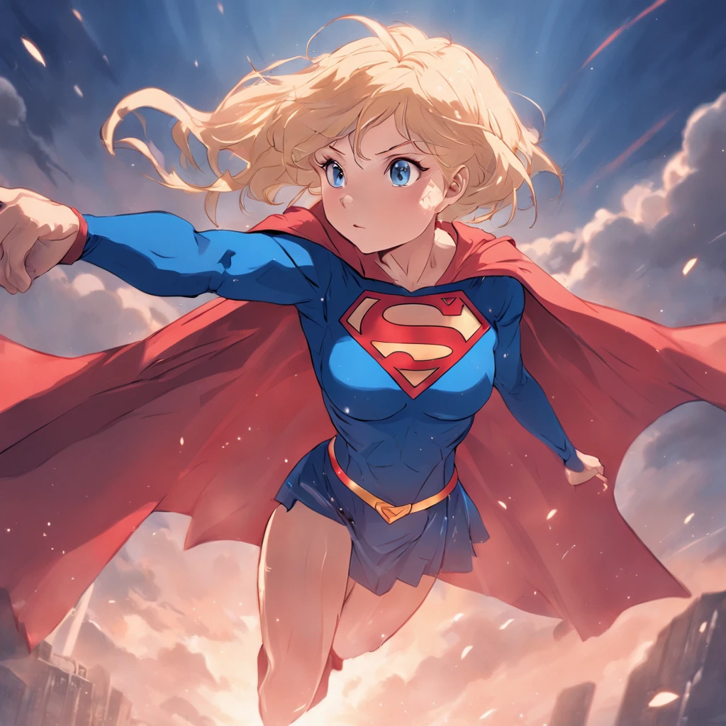 Full body close-up of a woman in a Superman cloak flying through the air,She's Supergirl, super-hero girl, Proportion of female superheroes, Supergirl,blonde with blue eyes,Huge breasts,photorealestic,Ultra high quality,tmasterpiece,delicated,Supermodel,a toned abdomen