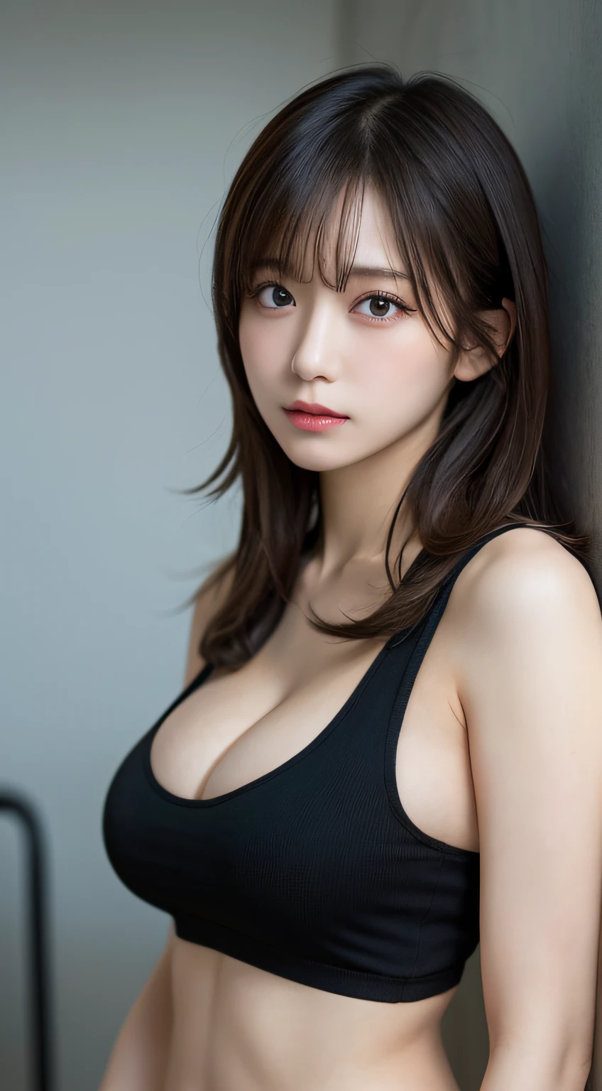 masutepiece, Best Quality, Illustration, Ultra-detailed, finely detail, hight resolution, 8K Wallpaper, Perfect dynamic composition, Beautiful detailed eyes, Natural Lip, Tank Tops, Big breasts, cleavage, Full body, navel-baring, Random sexy poses
