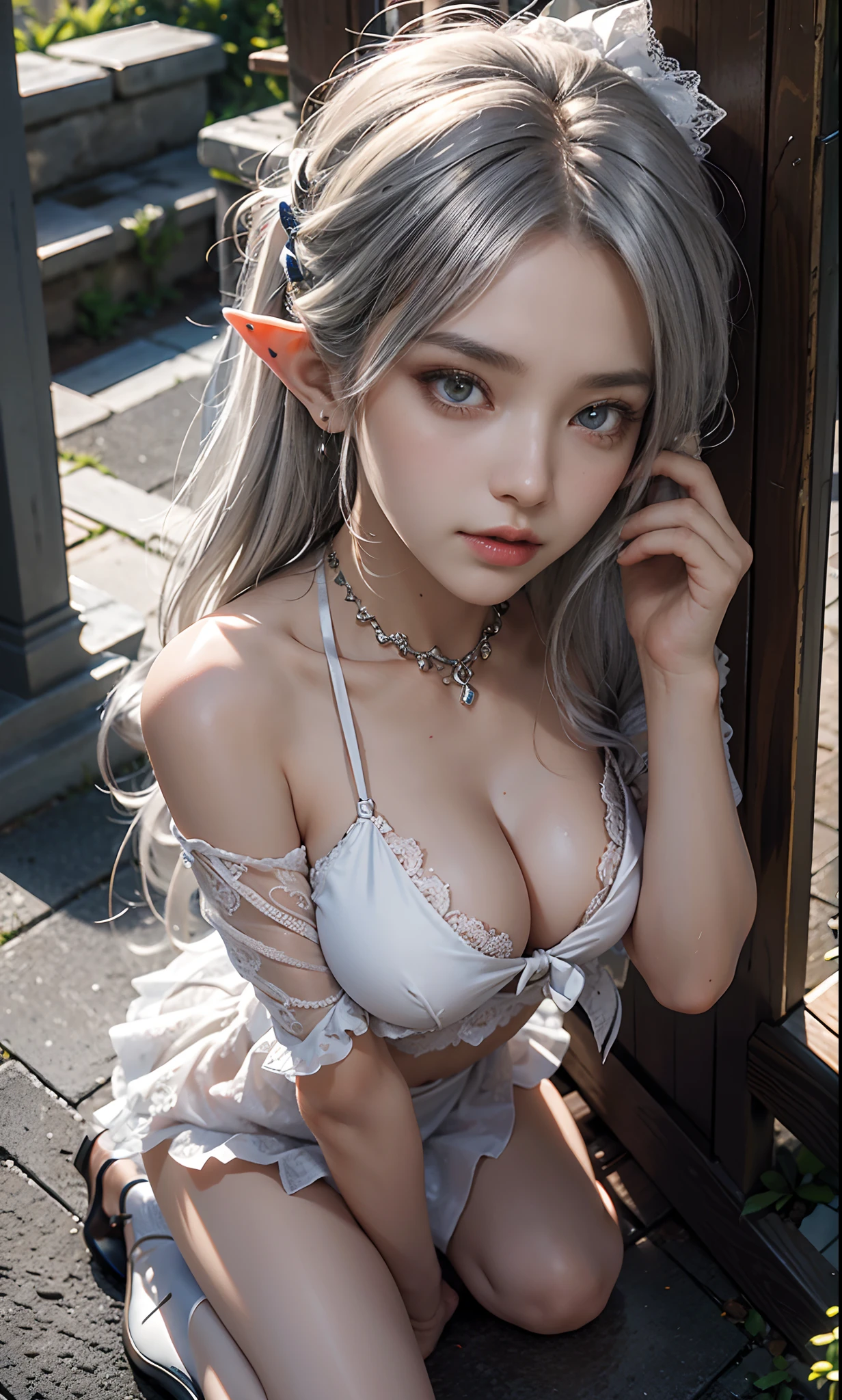 (Riman:1 silver-haired girl, Girl), tmasterpiece, best qualtiy, RAW photogr, realisticlying, the face, Incredibly Ridiculous res, Beautiful elf beauty, ear studs,Get wet all over, (Long silver hair), Lace-trimmed skirt,stocklings,(Ribbon shoes+),depth of fields, A high resolution, ultra - detailed, filigree, RAWE is very detailed, very detailed eyes and faces, Sharp pupils, realistic pupil, tack sharp focus, cinmatic lighting,full bodyesbian,Bigboobs,long leges,From the front side,Rainy day café,dynamicposes