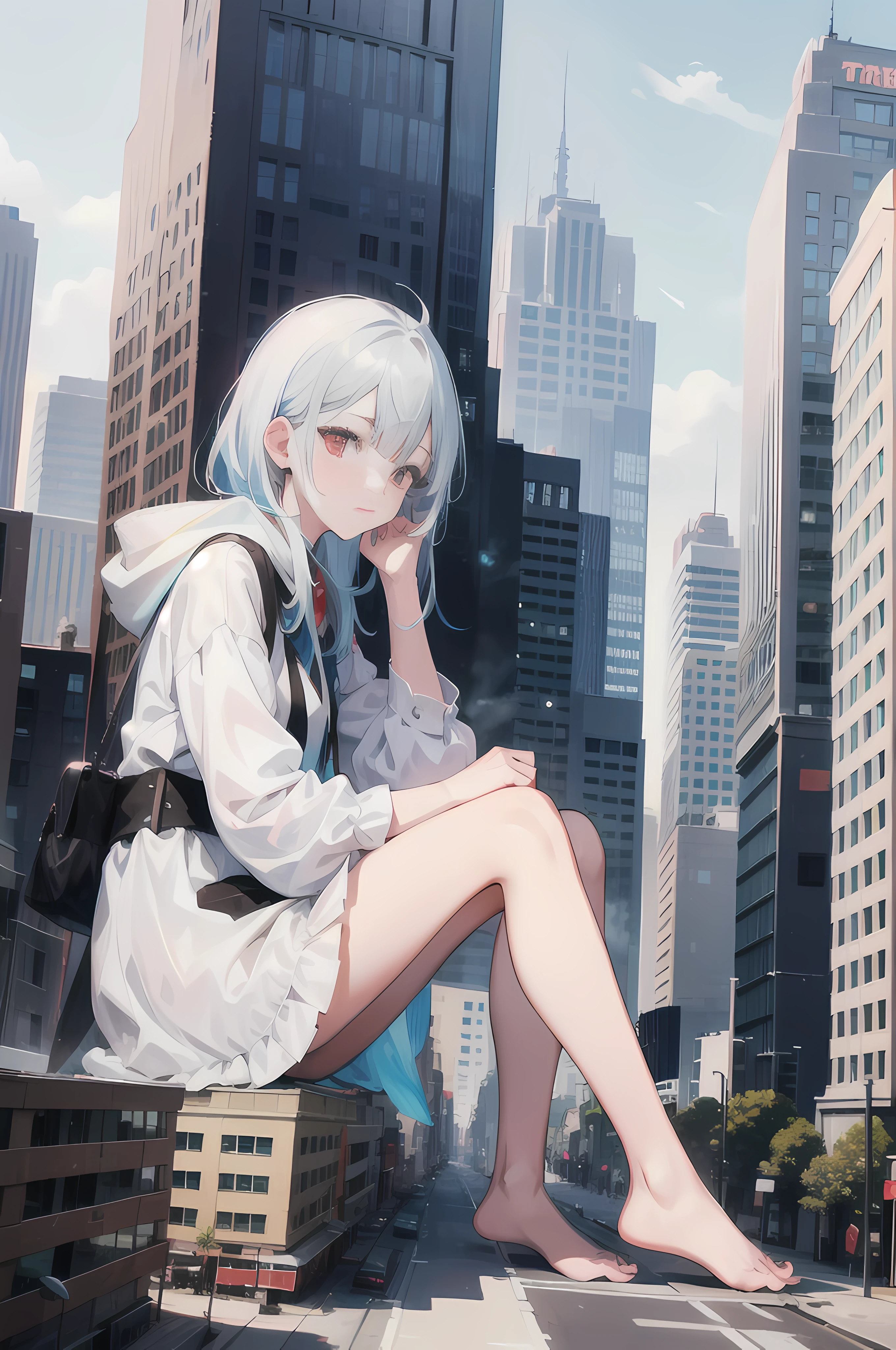 1girl,barefoot,white blue hair,red eyes,sitting on Planet,GTS,GTSGiga,city buildings,GTSCity