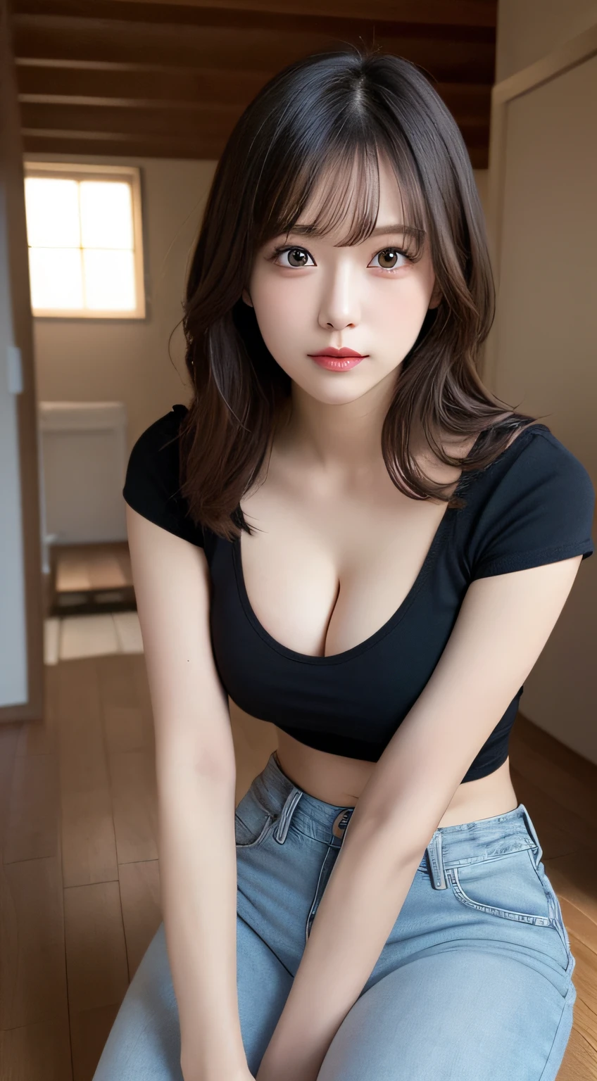 masutepiece, Best Quality, Illustration, Ultra-detailed, finely detail, hight resolution, 8K Wallpaper, Perfect dynamic composition, Beautiful detailed eyes, Natural Lip, white t-shirts , Short denim pants , Big breasts, cleavage, Full body, navel-baring, Cross legs
