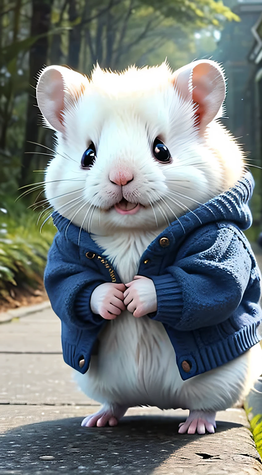 Cute fluffy white hamster, Wear pants