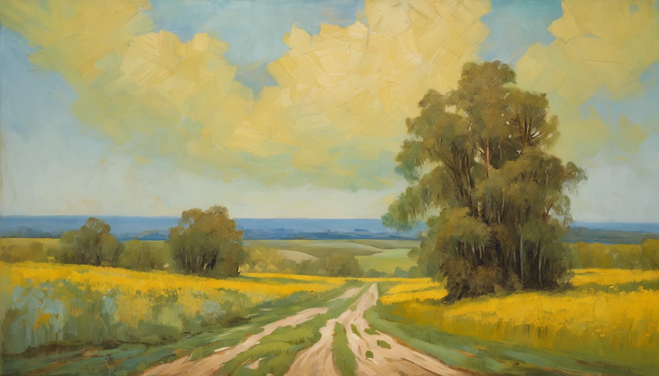 a painting shows green fields with cypress trees, in the style of voigtlander brilliant, sky-blue and yellow, trompe-l'oeil illusionistic detail, konstantinos parthenis, gustave van de woestijne, louis rhead, impressive skies