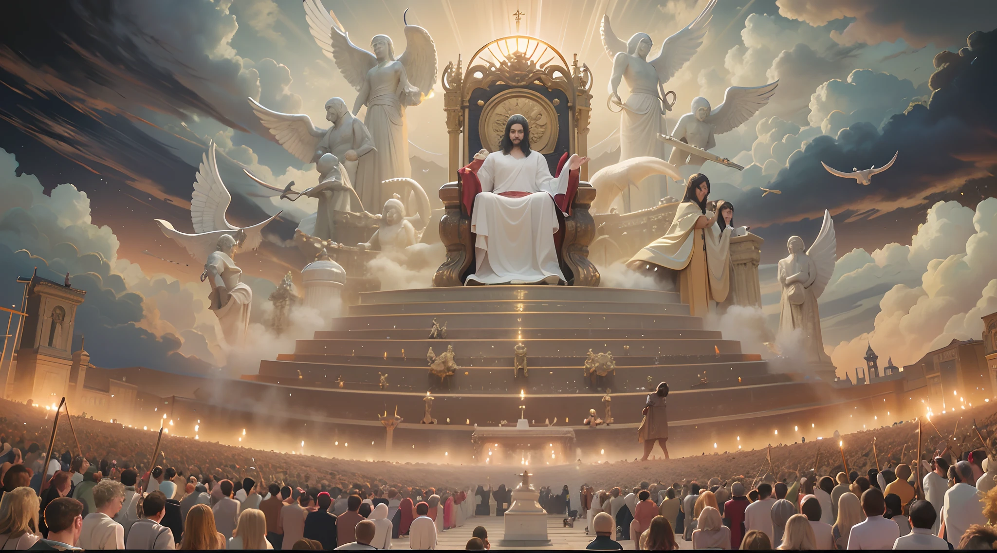 There is a great crowd of people gathered around Jesus Christ, sentou-se em seu trono, arte conceitual de Deus, epic biblical representation, slav epic, O Deus Imperador da Humanidade, sentado no trono de ouro, biblical epic movie, sentado em um trono de ouro, Directed by: Aleksander Gierymski, Jovem Deus Todo-Poderoso, sentado em seu trono, Directed by: Maurice Winkelmann