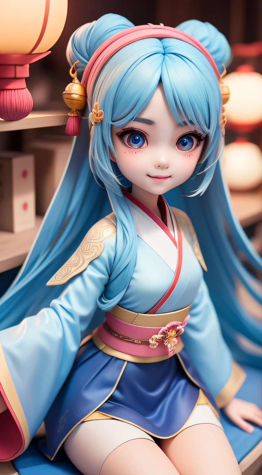 (Works of masters),(Masterpiece),(Best quality),(Ultra-detailed), (full bodyesbian: 1.2), 1 cute girl with, (Big avatar)，(largeeyes),Cute, is shy, Light blue coiled hair,(beautidful eyes), Hanfu,Blue shirt, Pink skirt, Pixiu, (Sit on Pixiu's back), Laugh happily, Fly over the clouds，There are some lanterns on the shelves,  (Beautiful and delicate face),