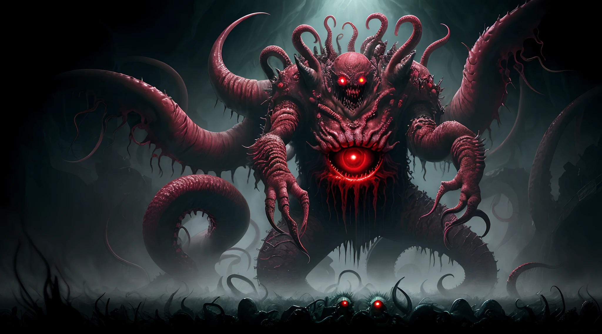 Twisted flesh and blood monsters，Multiple eyes, multiple tentacles，The skin is more pink