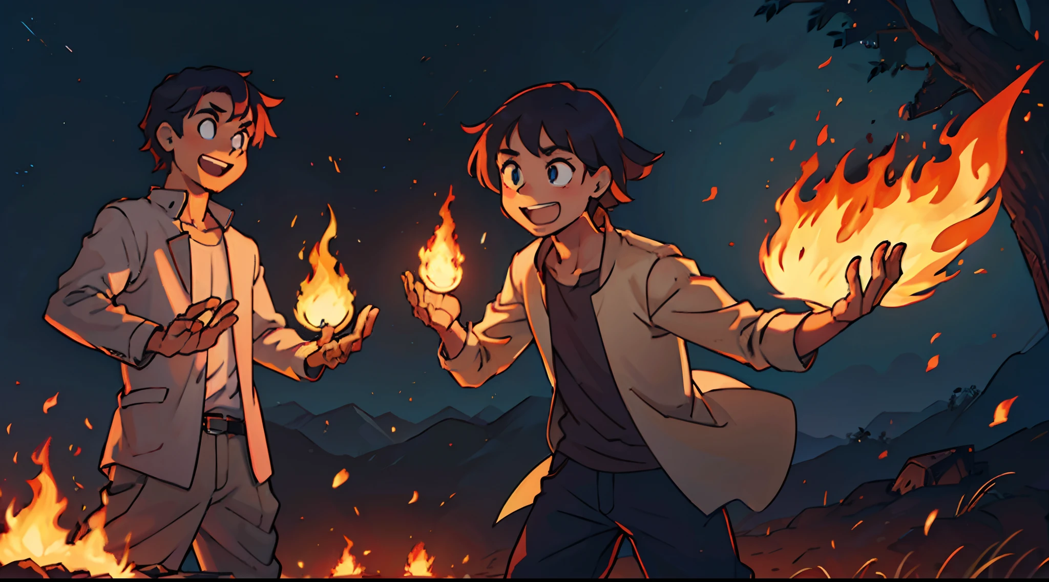 Um garoto de 18 anos, com os olhos pegando fogo, while laughing with his hands on fire, anime arte