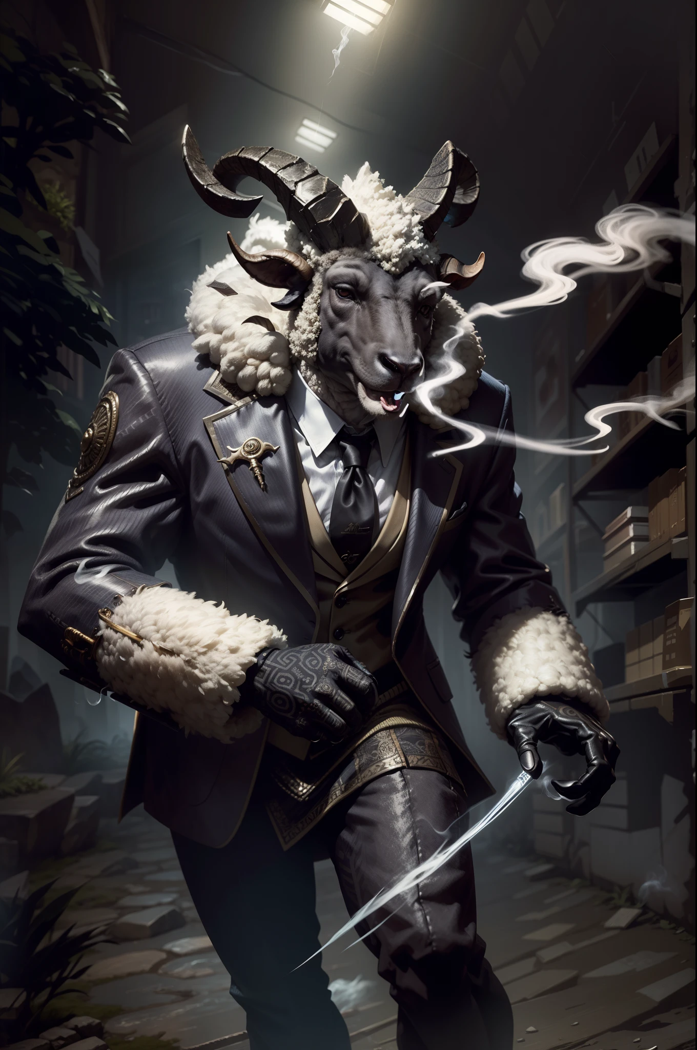 anthropomorphic sheep, dressed in a suit, Smoking, lightroom, Cinematic, hdr, primitive, Intricate, High quality, soothing tones, Intricate details, Low contrast