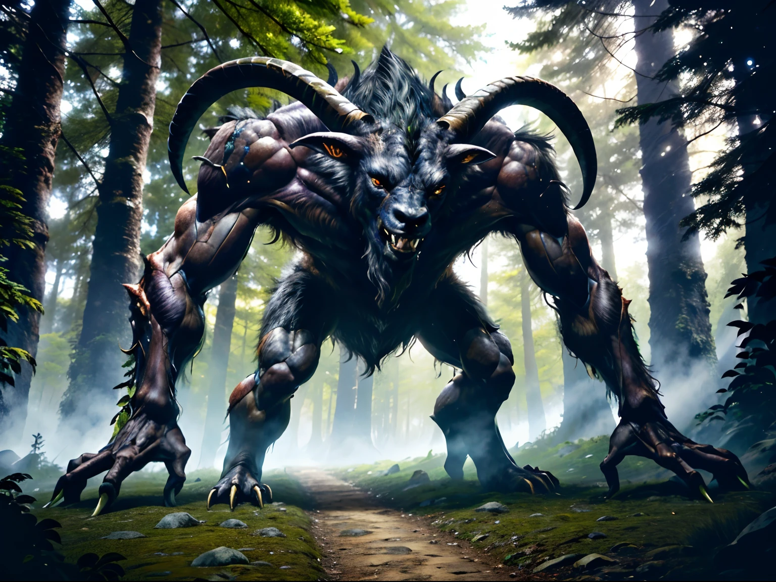 A large horned creature with horns and large horns walking through a ...
