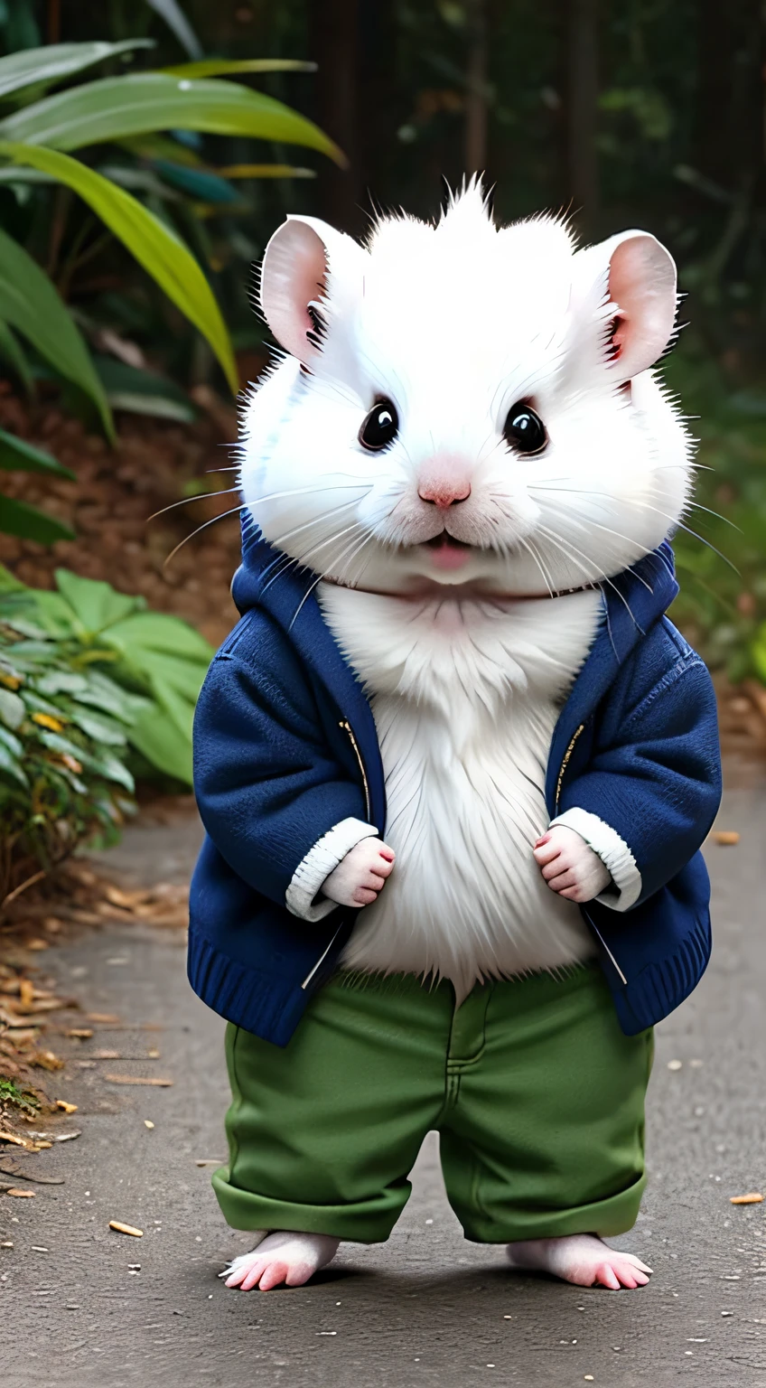 Cute fluffy white hamster, Wear pants